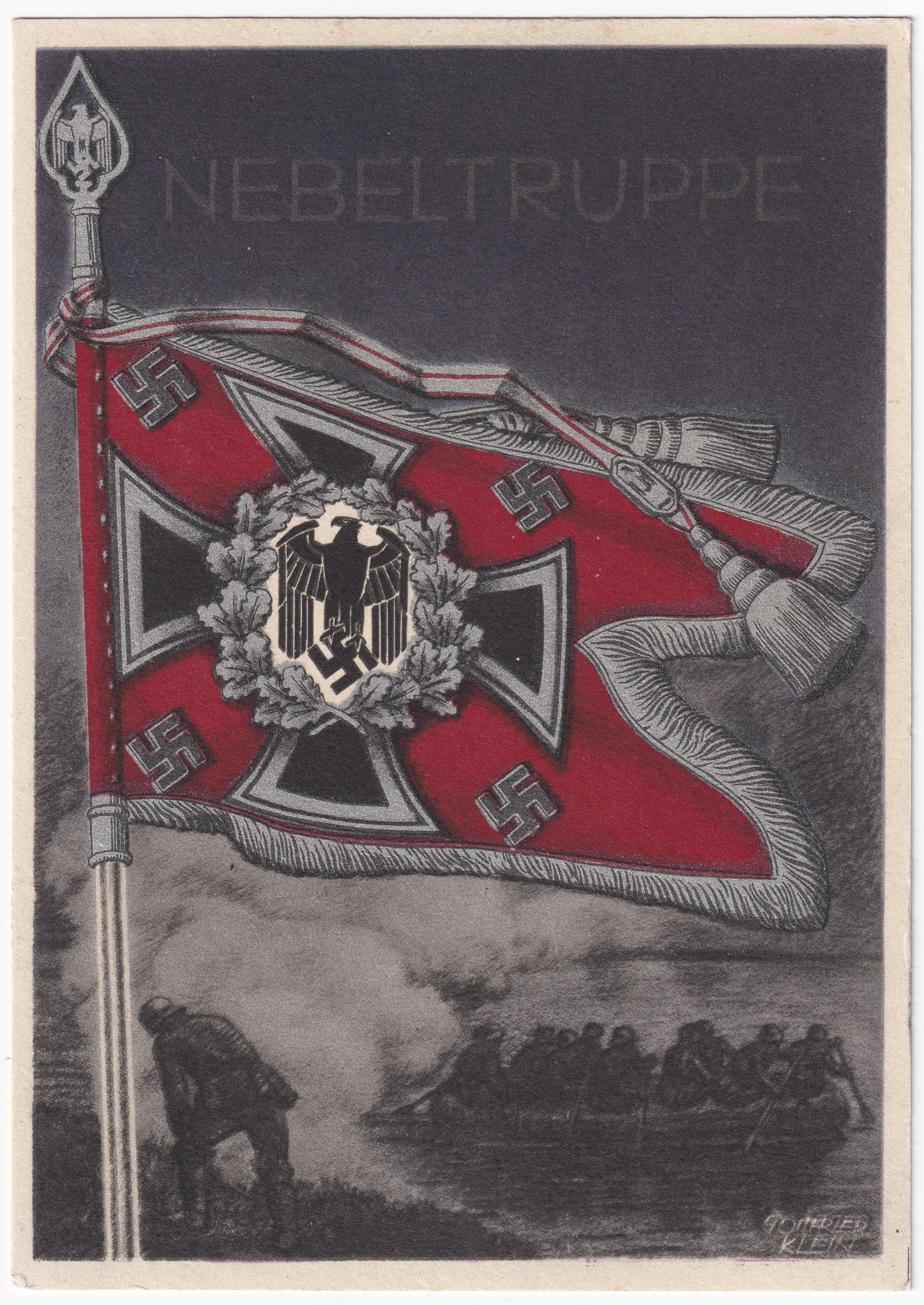WWII GERMAN NEBELTRUPPE POSTCARD: WWII German Nebeltruppe propaganda postcard, artwork by Gottfried Klein, from the 'Victorious Flags and Standards of the German Wehrmacht' series, card number 10, unused. 5.75 x 4 inches.