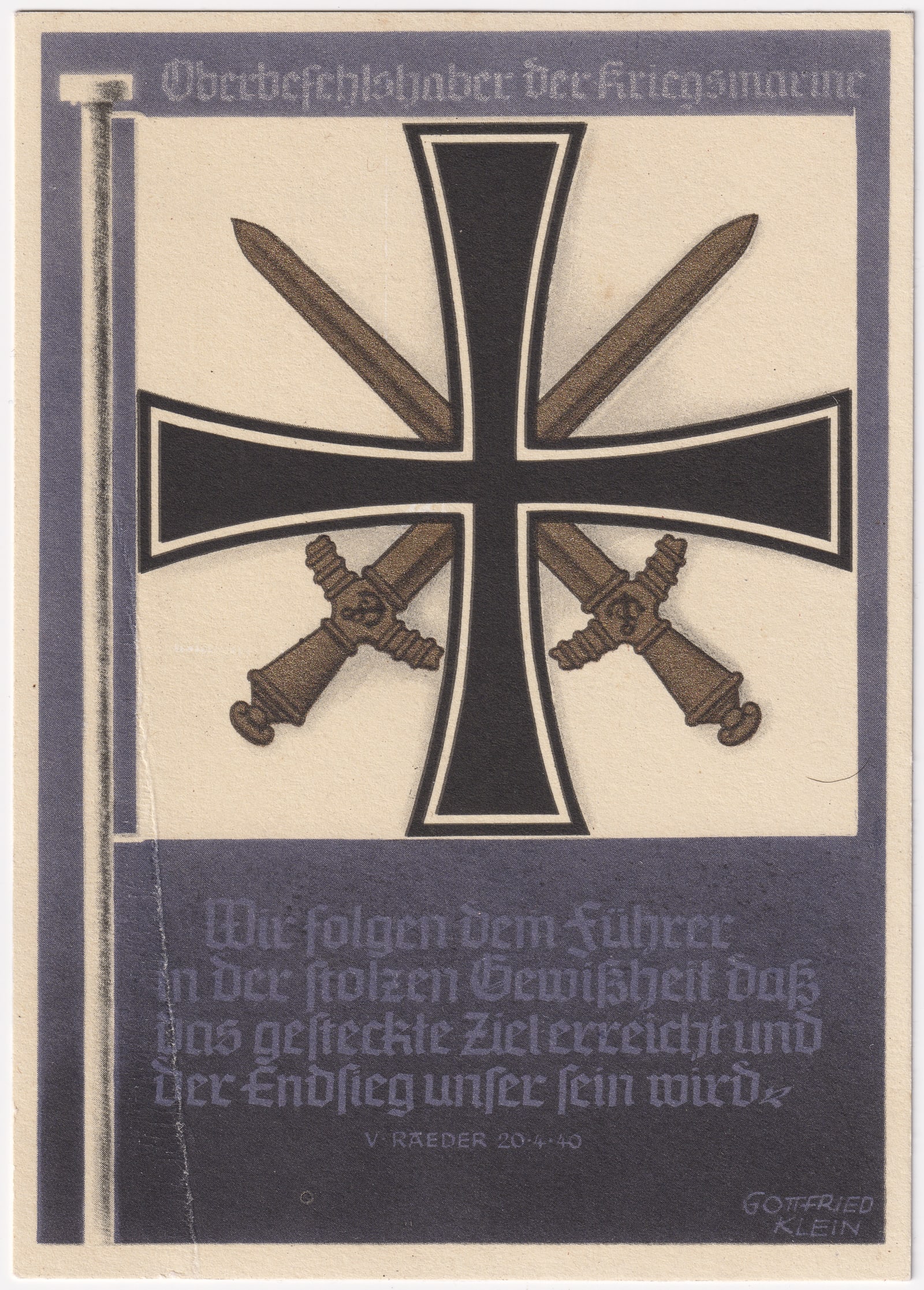 GERMAN OBERBEFEHLSHABER DER KRIEGSMARINE: WWII German Oberbefehlshaber Der Kriegsmarine postcard, artwork by Gottfried Klein, from the flags and standards postcard set, card number 5, nonpostal used. On the reverse of the card reads 'Zentralv