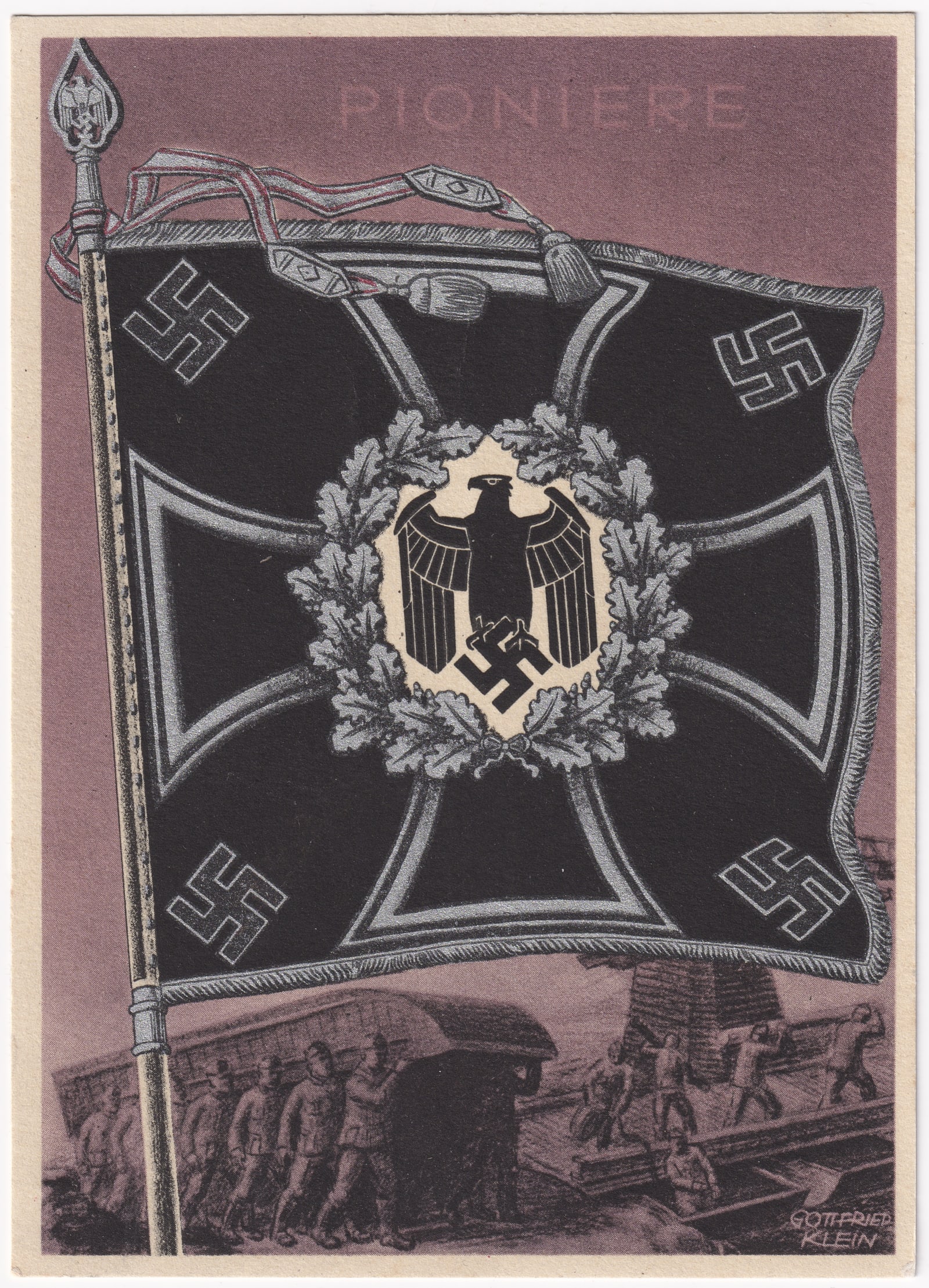 GERMAN PIONIERE POSTCARD: WWII German Pioniere postcard, artwork by Gottfried Klein, from the flags and standards postcard set, card number 8, nonpostal used. On the reverse of the card reads 'Zentralverlag Der NSDAP., Frz. Eh