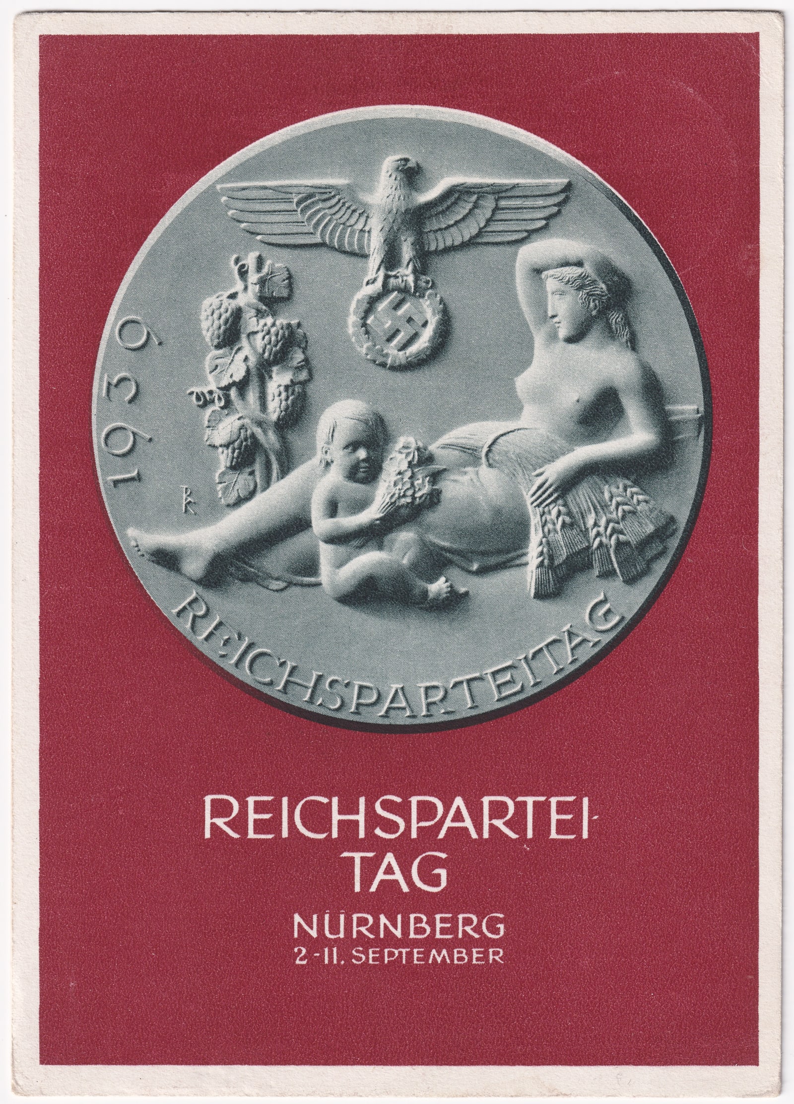 THIRD REICH 1939 NUREMBERG NAZI RALLY POSTCARD: Third Reich German propaganda postcard for the 1939 Reichsparteitag [Reichs Party Rally] in Nuremberg September 2-11. 1939. Postally used. Zentralverlag der NSDAP, Franz Eher, Munchen. 5.75 x 4.25 inc