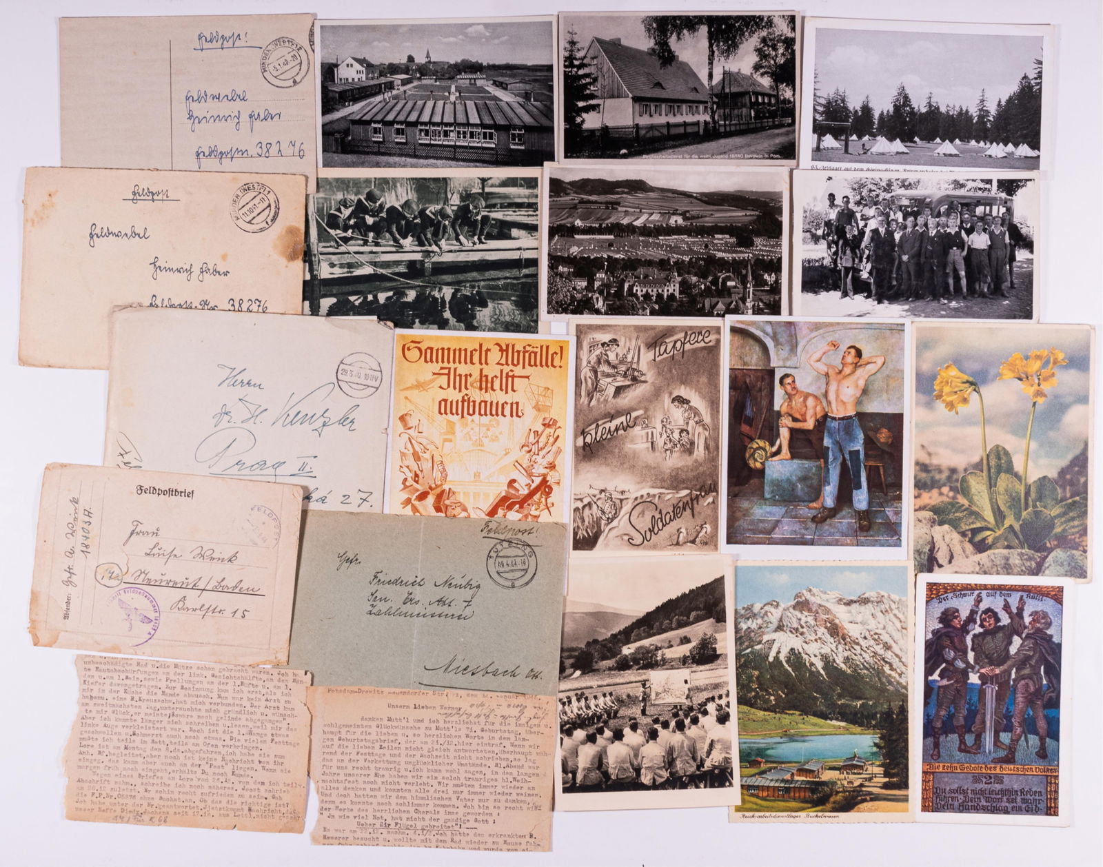 WWII GERMAN POSTCARDS AND FELDPOST (19 pcs): Lot of 13 military-themed postcards and six Feldpost letters. The postcards include Hitler Youth camps, Marine Hitler Youth, Reichsarbeitsdienst camps, art postcards from the Haus der Deutschen Kunst