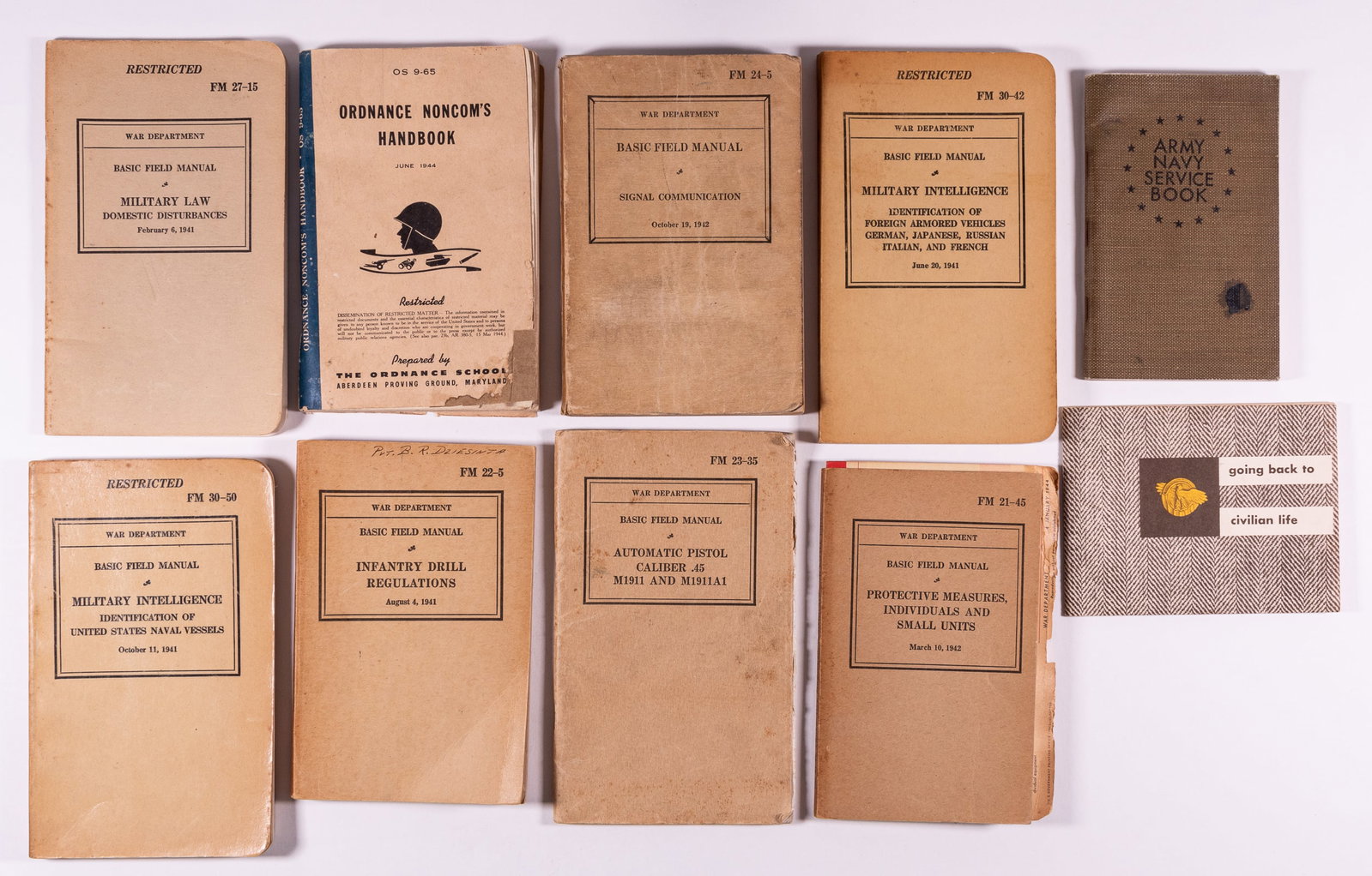 10 WWII US TRAINING MANUALS: Lot of ten WWII US training manuals including: Identification of United States Vessels, October 1941, FM 30-50; Infantry Drill Regulations, August 1941, FM 22-5; Identification of Foreign Armored Vehi