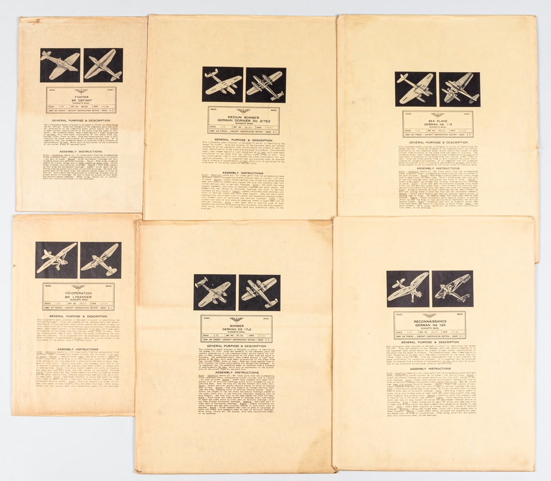6 WWII MODEL SPOTTING PLANES BRITS + GERMANS: Lot of six WWII model spotting practice planes, produced by the Army Air Forces Aircraft Identification Section, all dated 2/22/43, each a 1/72 model, 2 British and 4 German planes, British planes inc