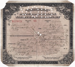 1927 PROHIBITION PRESCRIPTION FOR MEDICINAL LIQUOR