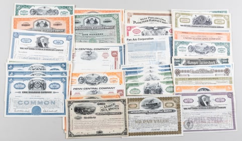 145 RAILROAD AND TRAVEL STOCK CERTIFICATES