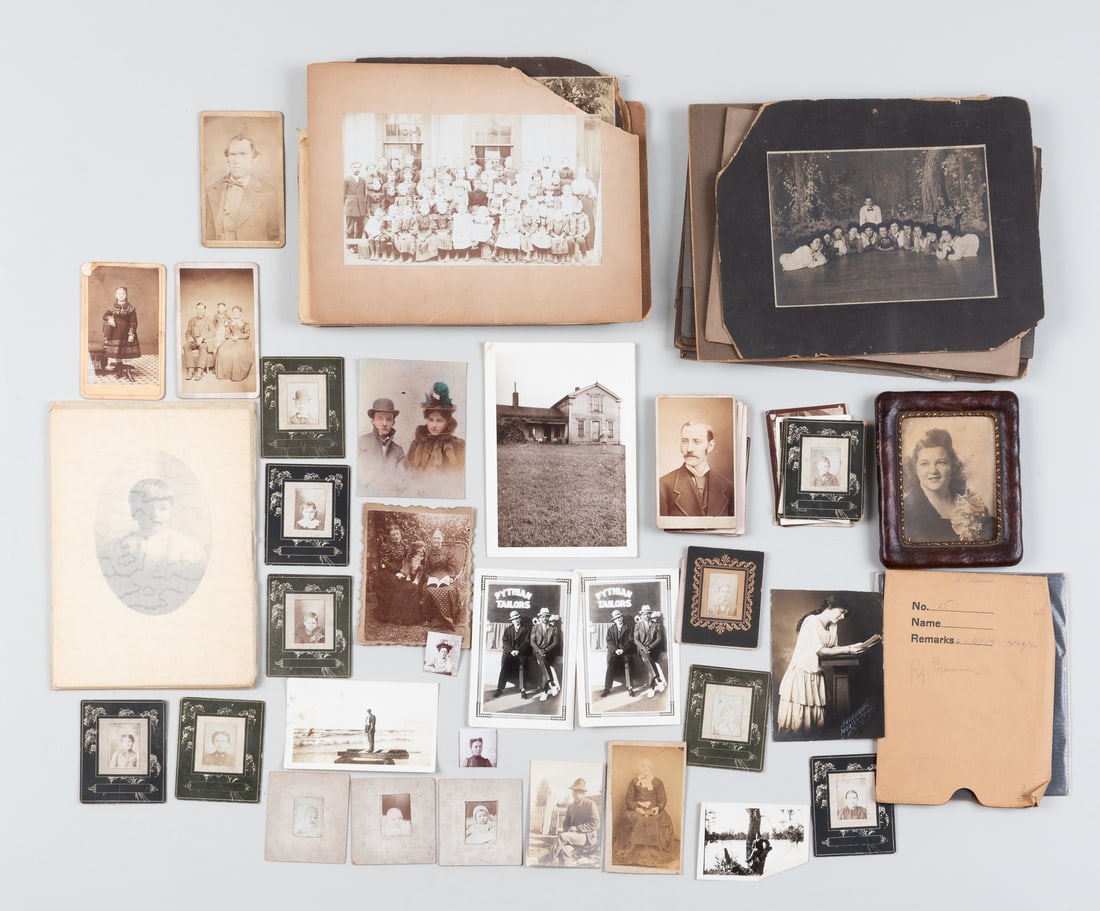 140+ EARLY AMERICAN PHOTOGRAPHS: 140+ 1800s to 1900s photographs of Early Americans, including cabinet cards, affixed photos, and loose photos. Some photos with pictures of early American babies, some with personal portraits, and som