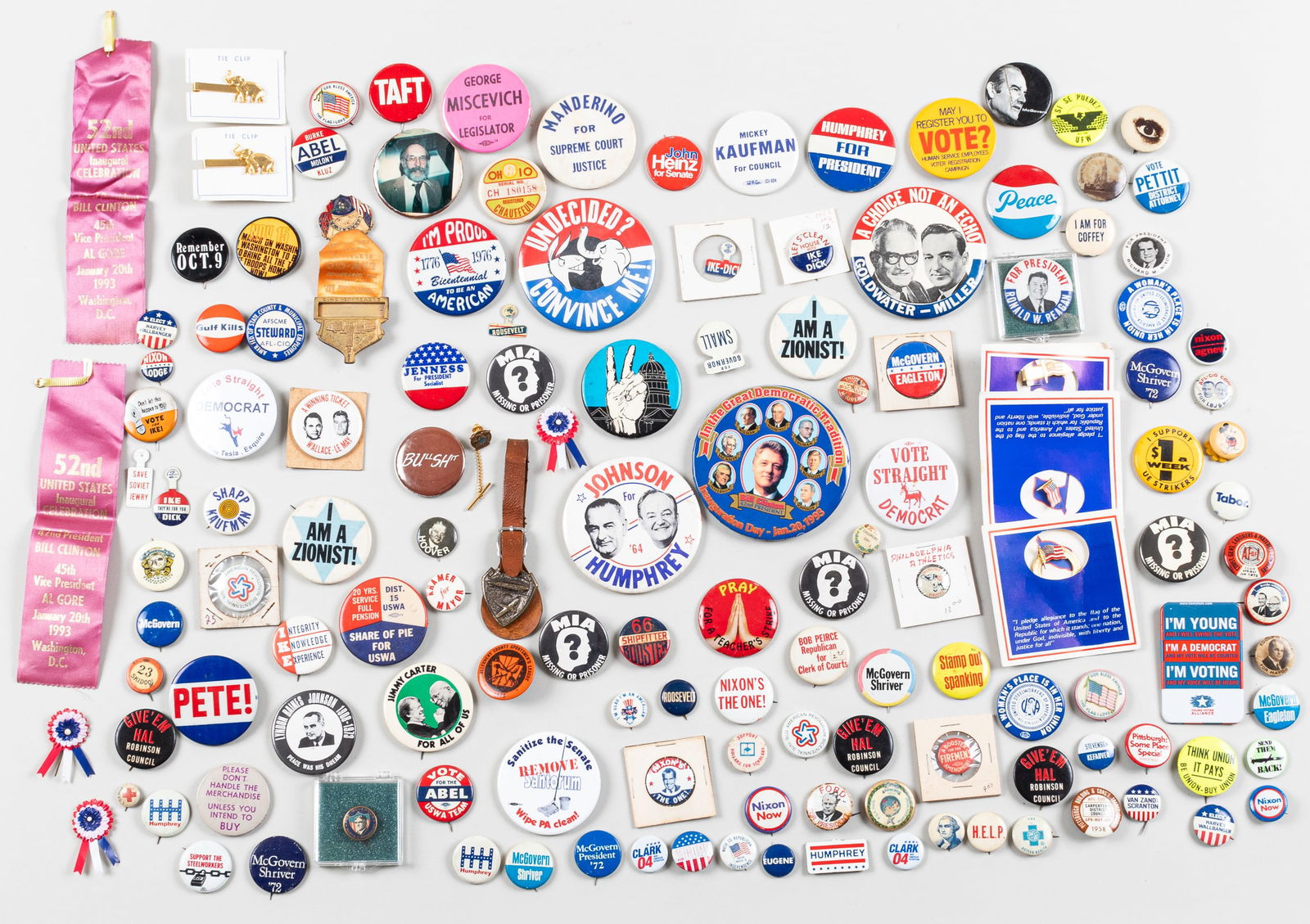 110+ AMERICAN POLITICAL BUTTONS: 110+ American political buttons, ca 1970s, including McGovern buttons, Humphrey for President button, Hoover buttons, and other political campaign and endorsement buttons. Approximately 3 inches in di