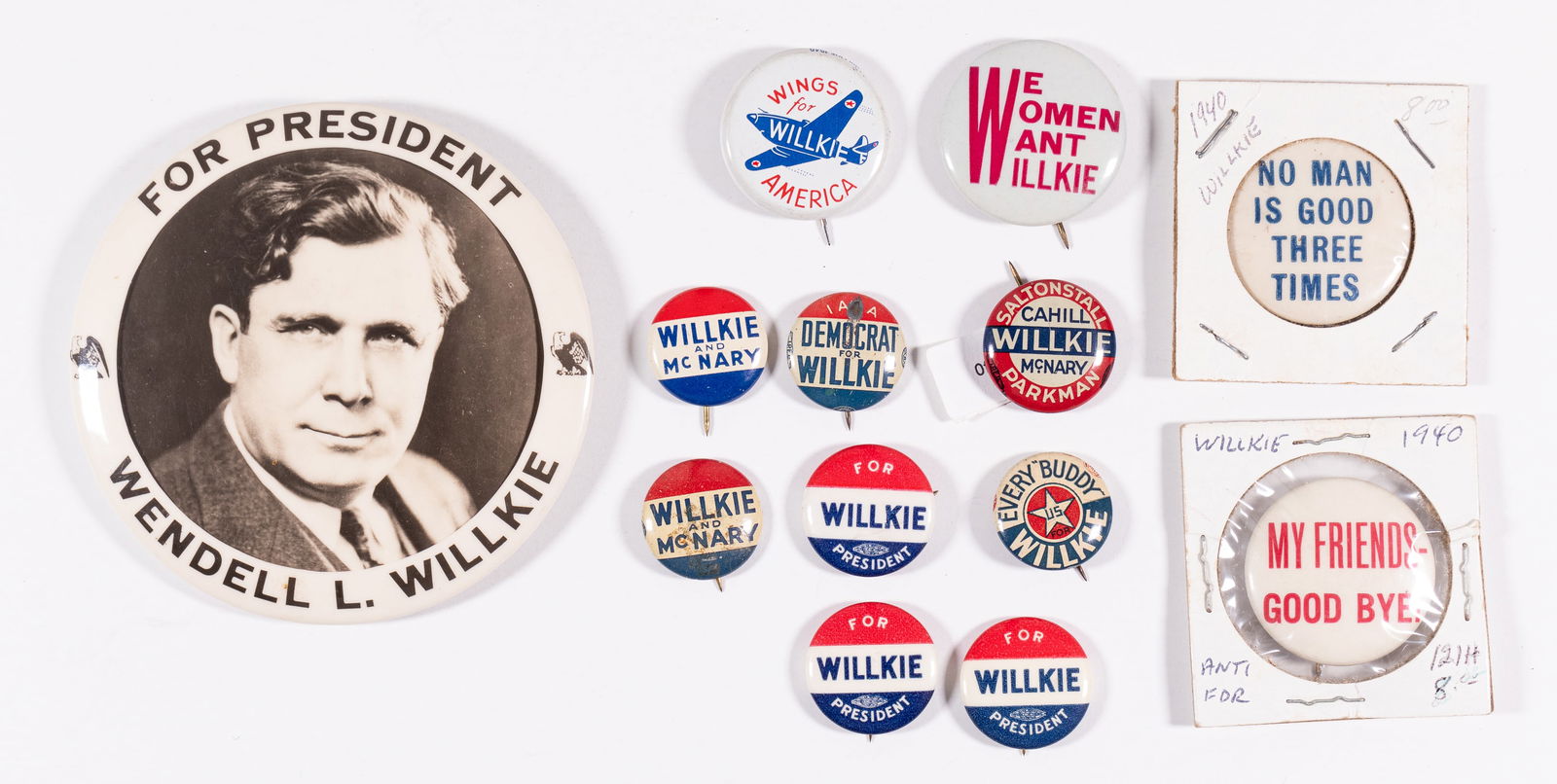 13 WENDELL WILLKIE CAMPAIGN BUTTONS: Lot of thirteen Wendell Willkie presidential campaign buttons from his 1940 campaign. Includes Wings for Willkie, Everybody Willkie, anti-Roosevelt pins, and more. One of the buttons included are larg