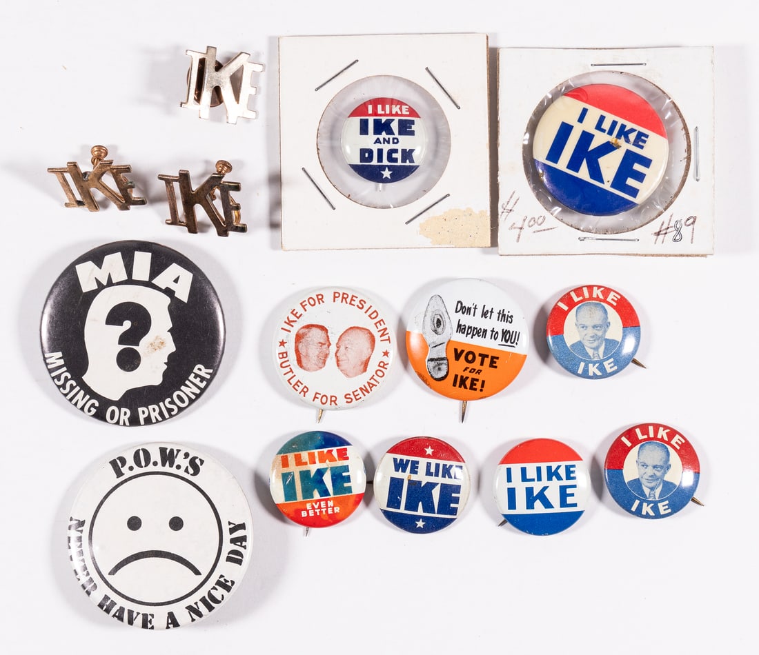 DWIGHT EISENHOWER PRESIDENTIAL CAMPAIGN BUTTONS: Lot of twelve Dwight Eisenhower Presidential campaign buttons, most read 'I Like Ike,' including two Ike earrings, an MIA button, and P.O.W.'s button. Between 1 inch and 1.75 inches each button.