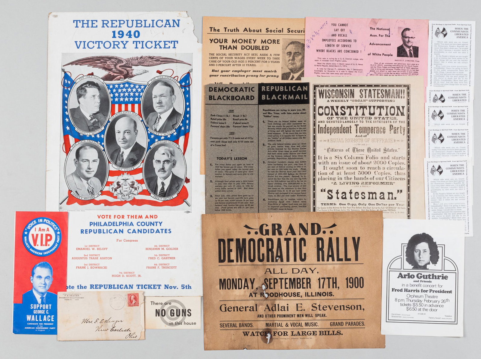 PRESIDENTIAL CAMPAIGN EPHEMERA AND POSTERS: Democratic and Republican rally posters including 'Grand Democratic Rally - General Adlai E. Stevenson, and other prominent men will speak' Broadside dated 1900, 9.5 x 12.5 inches 'Republican 1940 Vic