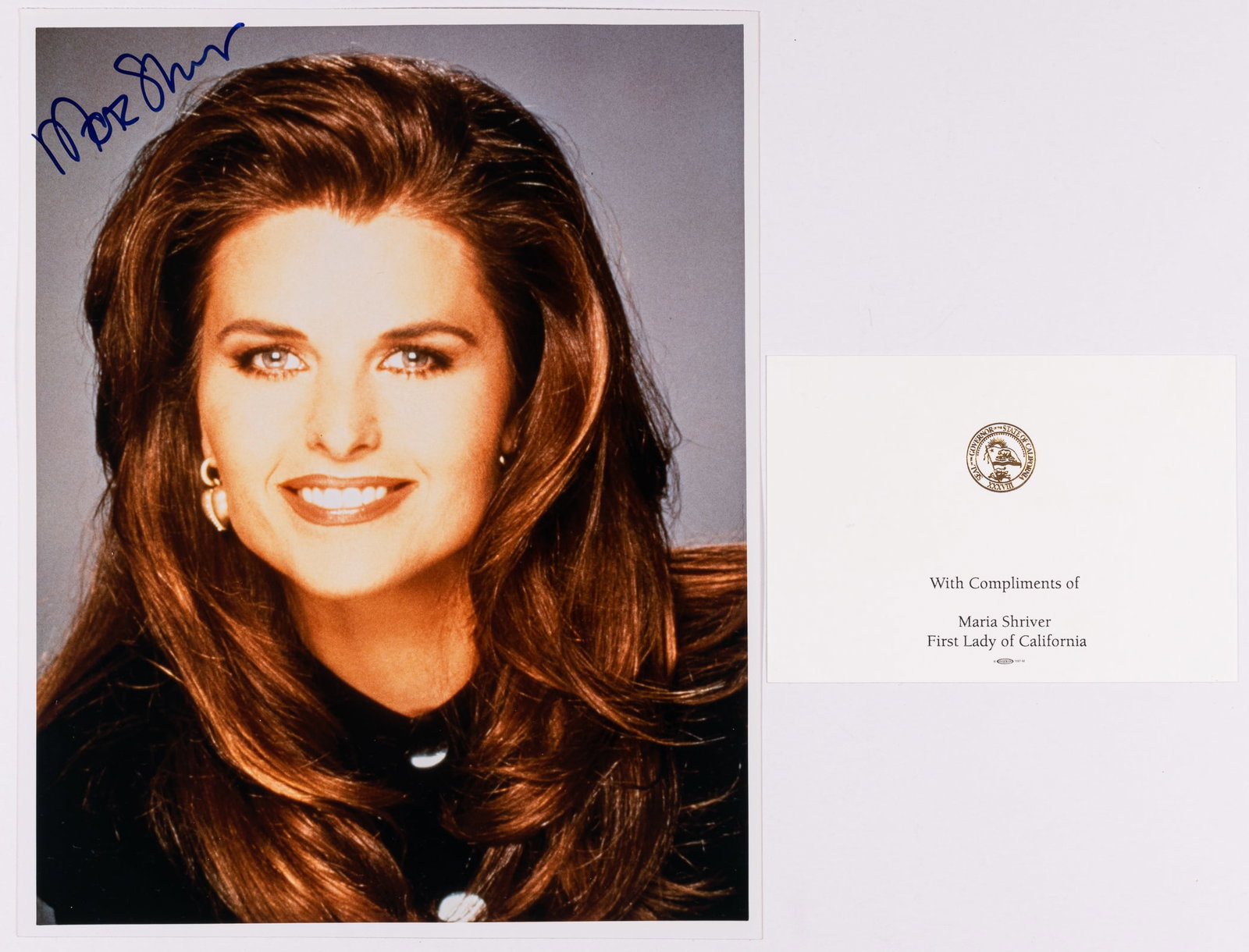 MARIA SHRIVER: Maria Shriver (b. 1965), an American journalist, a member of the Kennedy family, and former first lady of California when she was married to Arnold Schwarzenegger. Autographed color photograph, 8 x 10