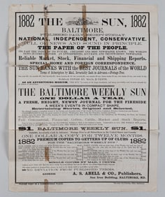 1882 WEEKLY SUN BALTIMORE PAPER ADVERTISEMENT POSTER