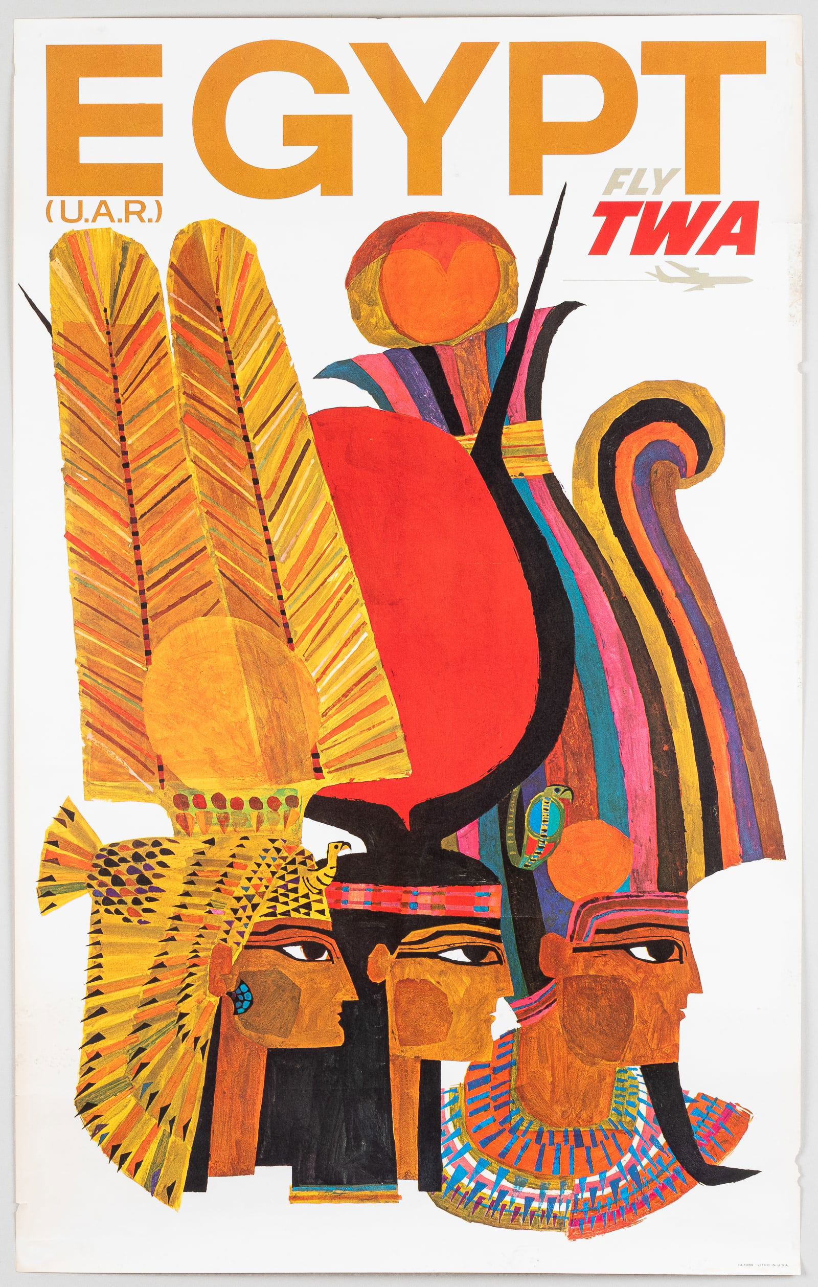 UAR EGYPT FLY TWA TRAVEL POSTER: UAR (United Arab Republic) Egypt Fly TWA travel poster, artwork by David Klein (1918-2005), 1960, #4-1089 Litho in USA. 25 x 40 inches, 1-inch tear on the right margin, some foxing to poster, and some