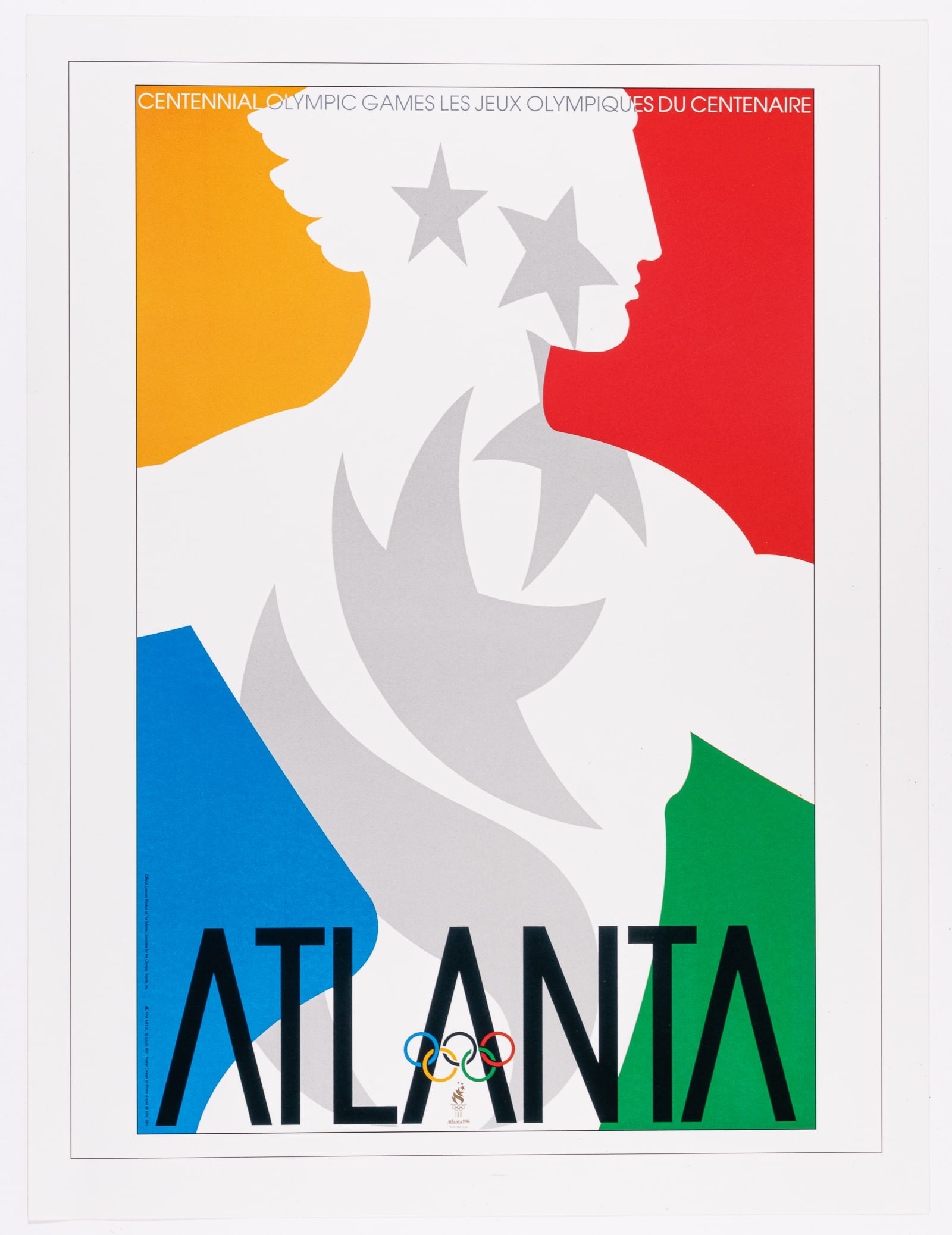CENTENNIAL OLYMPIC GAMES POSTER: Olympics poster advertising the Atlanta Centennial Olympic games. Artwork by Primo Angeli, 1996, Fine Art LTD. Features the Olympic logo. Approximately 16 x 12 inches.
