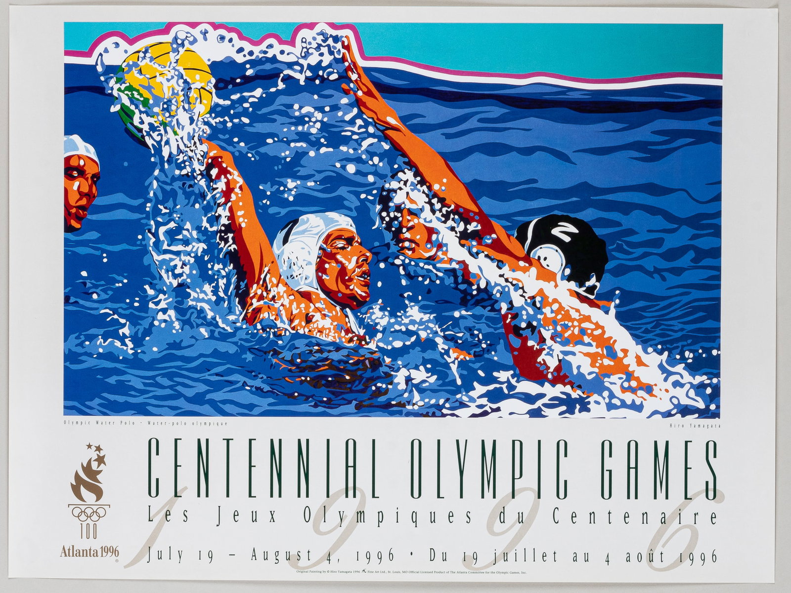 CENTENNIAL OLYMPIC WATER POLO POSTER: Olympics poster advertising the Centennial Olympic games on August 4th, 1996. Artwork by Hiro Yamagata, 1996, Fine Art LTD. Designed to advertise Olympic water polo. Approx. 24 x 18 inches. Very good.