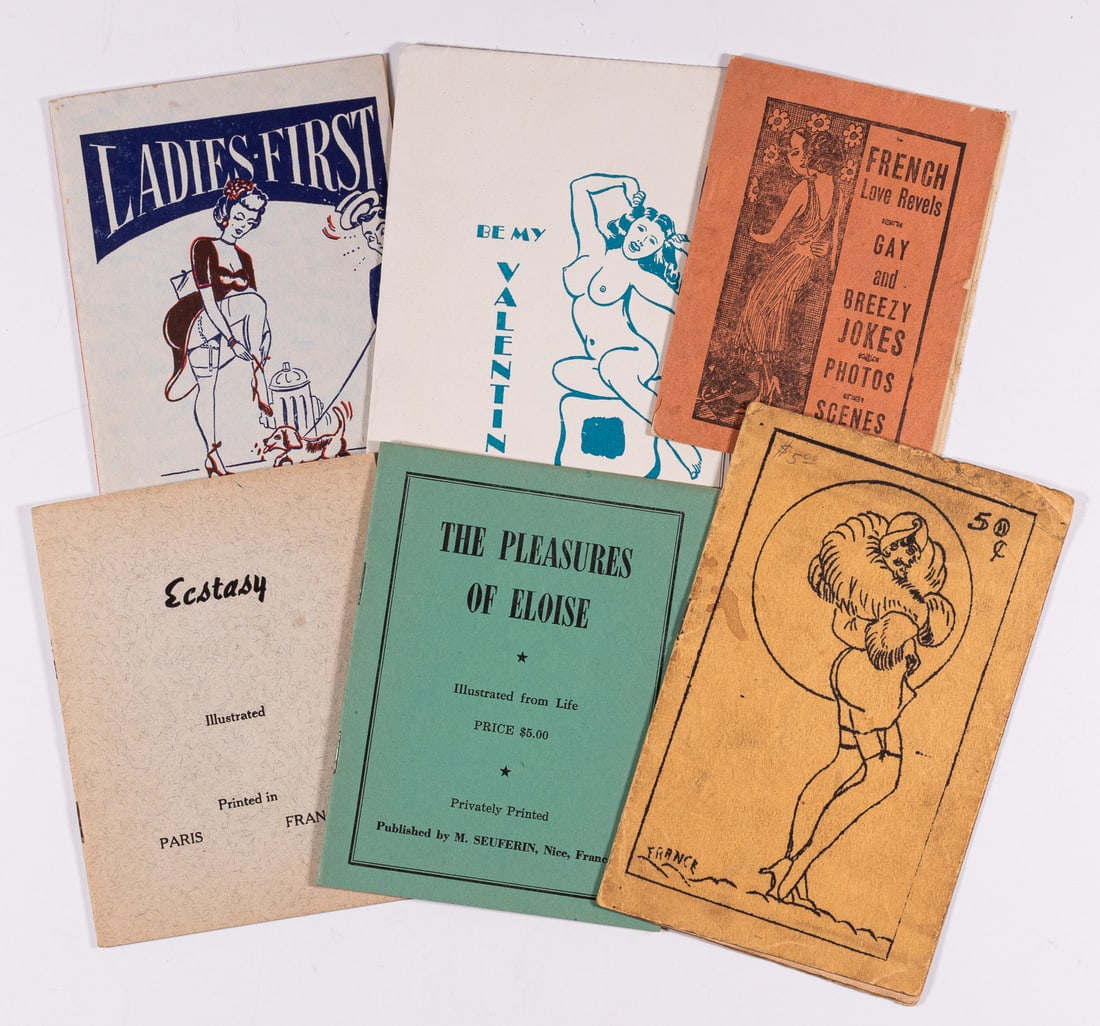 6 VINTAGE ADULT EROTIC BOOKLETS: Six vintage adult erotica ephemera, a novelty Valentine card, two erotic short stories 'Ecstasy' and The Pleasures of Elooise,' 32pp, 4 x 5.25 in. A small booklet 'Gay and Breezy Jokes,' cartoons, 12p