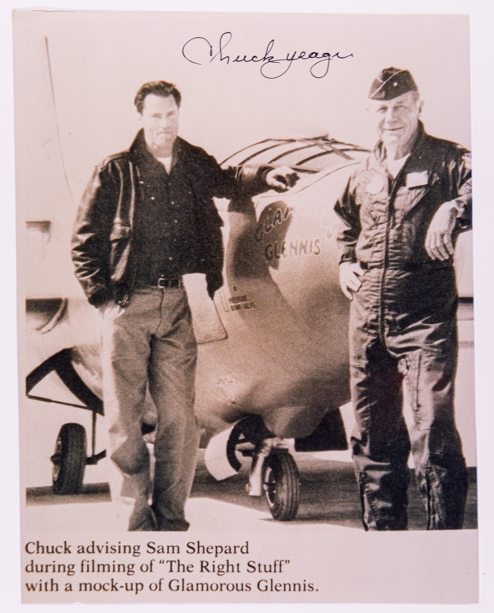 CHUCK YEAGER: (1923-2020) Flying ace who became the first pilot in history confirmed to have exceeded the speed of sound in level flight. Autographed photo of Chuck Yeager with actor Sam Shepard, signed in black in