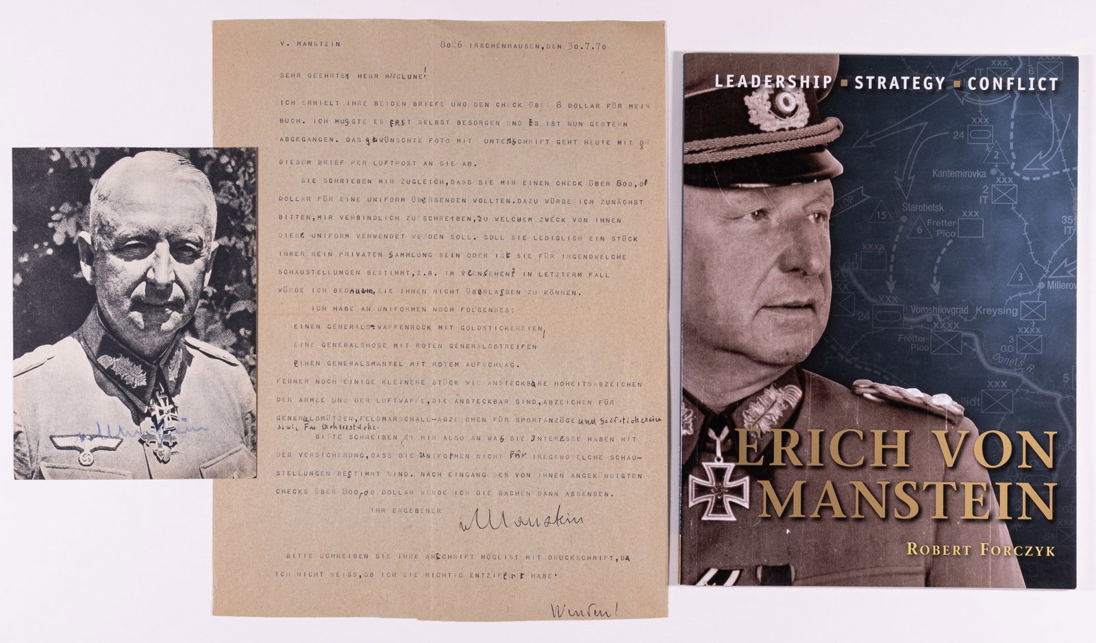 ERICH VON MANSTEIN SELLING HIS UNIFORM: (1887-1973) German Field Marshal of World War II, recipient of the Knight's Cross with Oak Leaves and Swords. Typed letter signed, Irschenhausen, 30.7.70, 2 pages, 8.5 x 11 inches. Addressed to collec