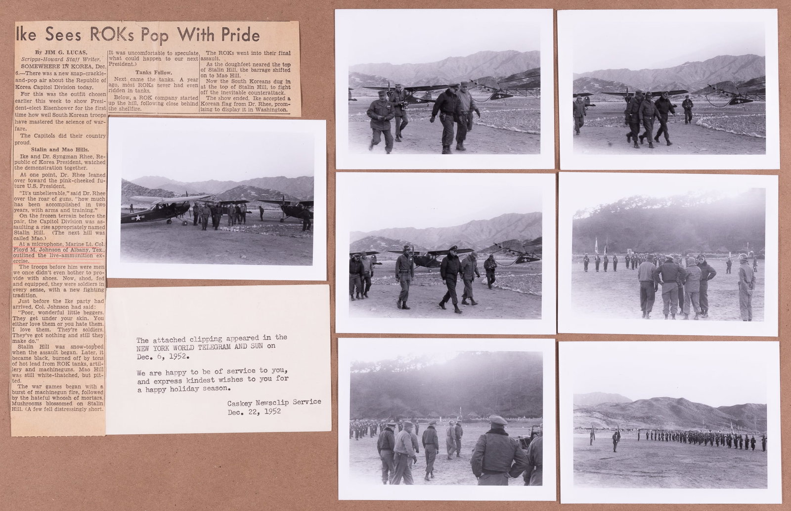 DWIGHT D EISENHOWER IN KOREA PHOTOGRAPHS: 7 photographs of then president-elect Dwight D. Eisenhower (1890-1969) arriving on a visit to Korea to review South Korean troops in the winter of 1952. The photographs were taken at an undisclosed ai