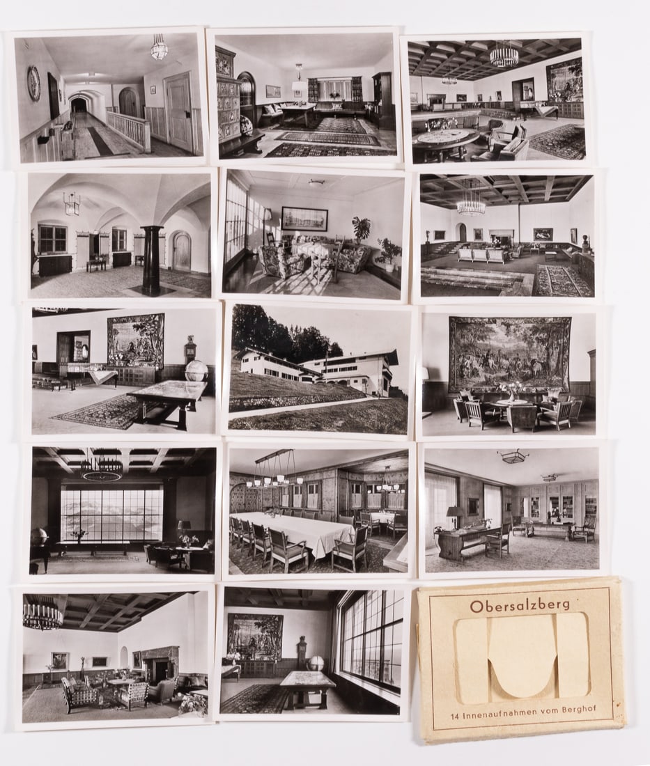 ADOLF HITLER'S BERGHOF PHOTOGRAPHS: Souvenir photographs of the exterior and interior of Adolf Hitler's Berghof at Obersalzberg, Berchtesgaden. Photographs show the exterior view, the large reception room with the panoramic window, map 