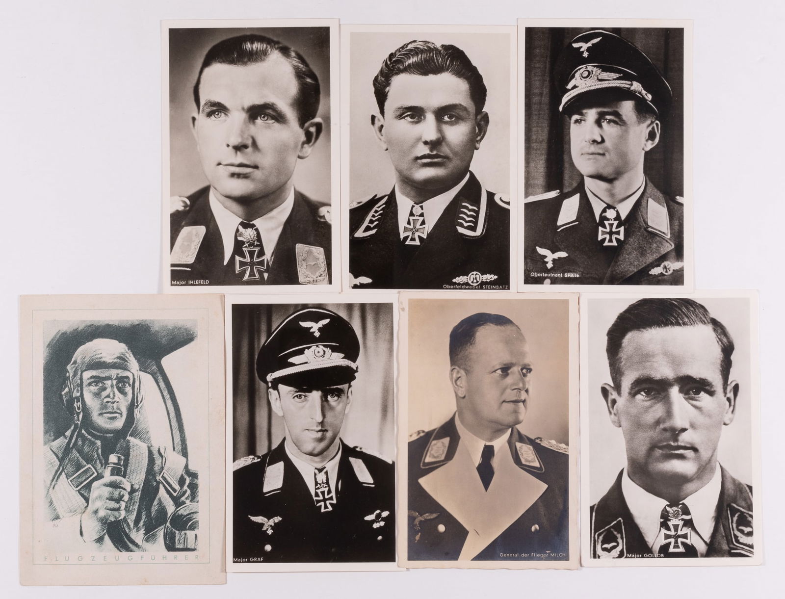 LUFTWAFFE ACES HOFFMANN POSTCARDS: Six real photo postcards of Luftwaffe aces and Knight's Cross recipients, include General der Flieger Erhard Milch, Hermann Graf, Gordon Gollob, Herbert Ihlefeld, Wolfgang Spaete, Leopold Steinbatz. A