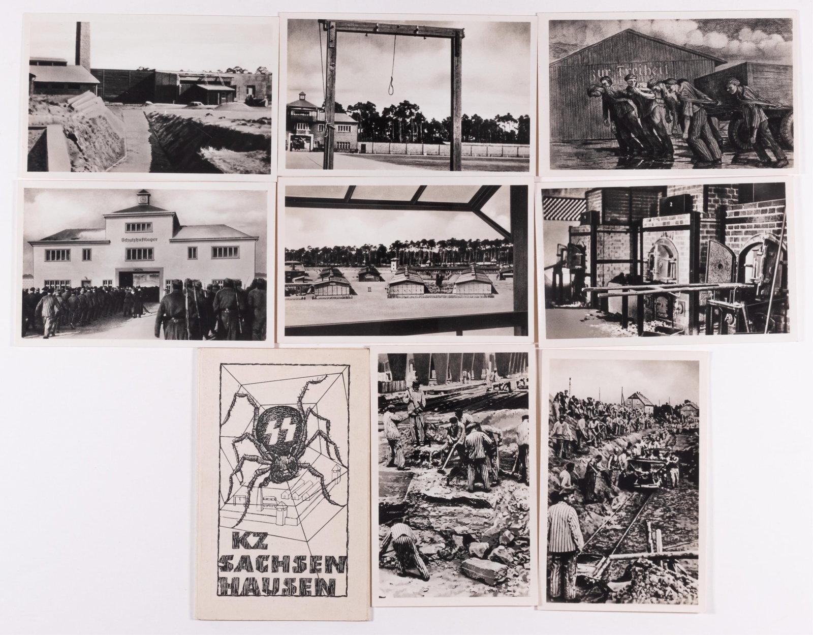 8 KZ SACHSENHAUSEN POSTCARDS: Eight post-war postcards of the concentration camp Sachsenhausen by Oranienburg and Berlin, showing the crematoriums, the gallows on the roll call square, prisoners in striped uniforms digging, the vi