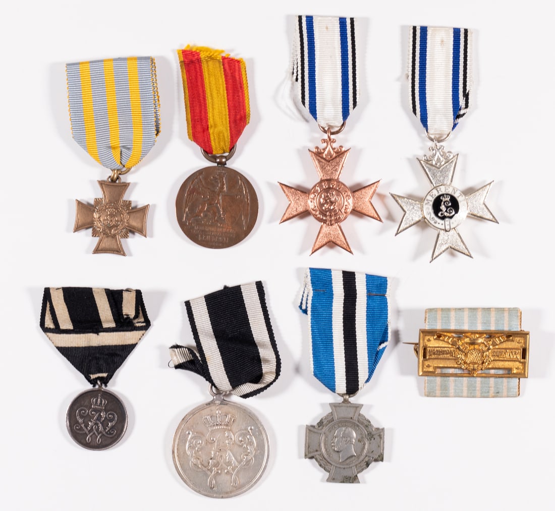 8 IMPERIAL GERMAN AND PRUSSIAN MEDALS: Lot of eight Imperial German and Prussian medals including two Prussian Warrior Merit Medals, two Bavarian Merit Crosses, one in silver and one in bronze, the Friederich of Baden Jubilee Medal of 1902