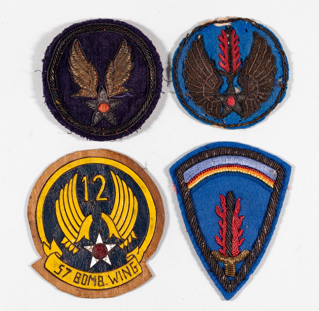 WWII US AAF THEATER-MADE BULLION PATCHES (3): Lot of three WWII US AAF Bullion patches, including a US AAF Europe HQ Command patch, an AAF Insignia patch, and a US Army European Theater Regulation patch. Either 2 5/8 inches diameter or 2 5/8 x 3.