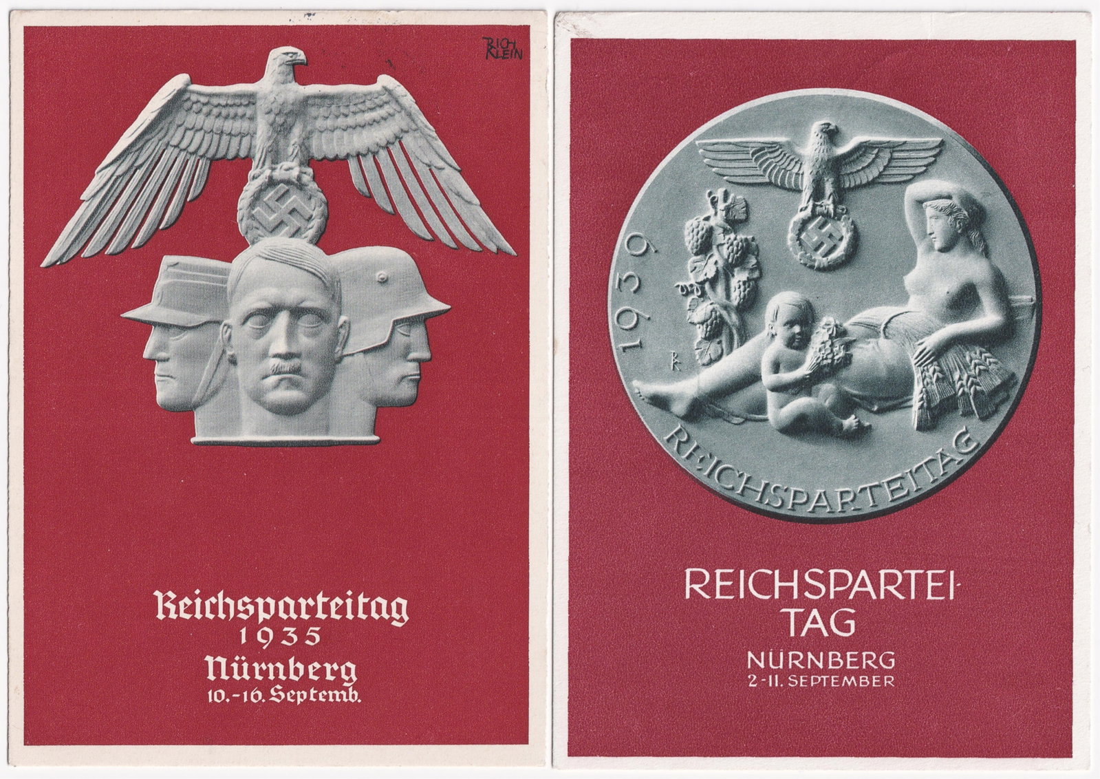 2x REICHSPARTEITAG POSTCARDS 1935 & 1939: Pair of NSDAP Reichsparteitstag propaganda postcards for the rally in 1935 and 1939 in Nuremberg. Both postcards were postally used. Approx. 4.25 x 6 inches.