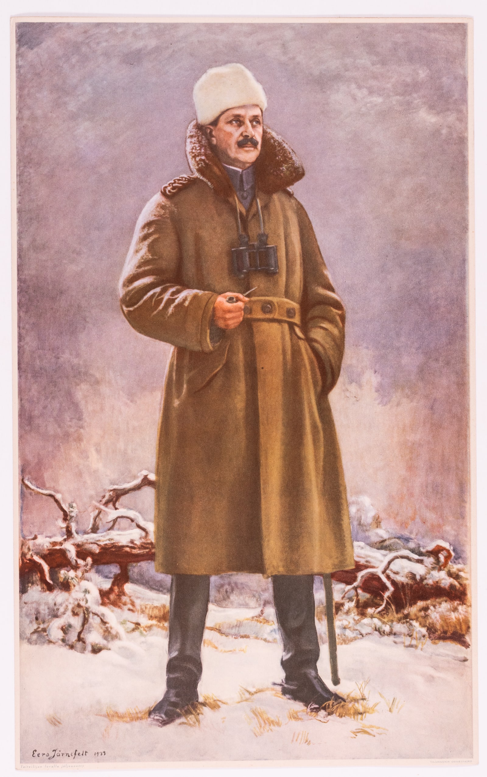 CARL GUSTAF EMIL MANNERHEIM PRINT: Portrait print of the Finnish field marshal and president of Finland Carl Gustaf Emil Mannerheim (1867-1951), in military uniform. After a painting by Eero Jornefelt, 1933. Approx. 9.75 x 16 inches.