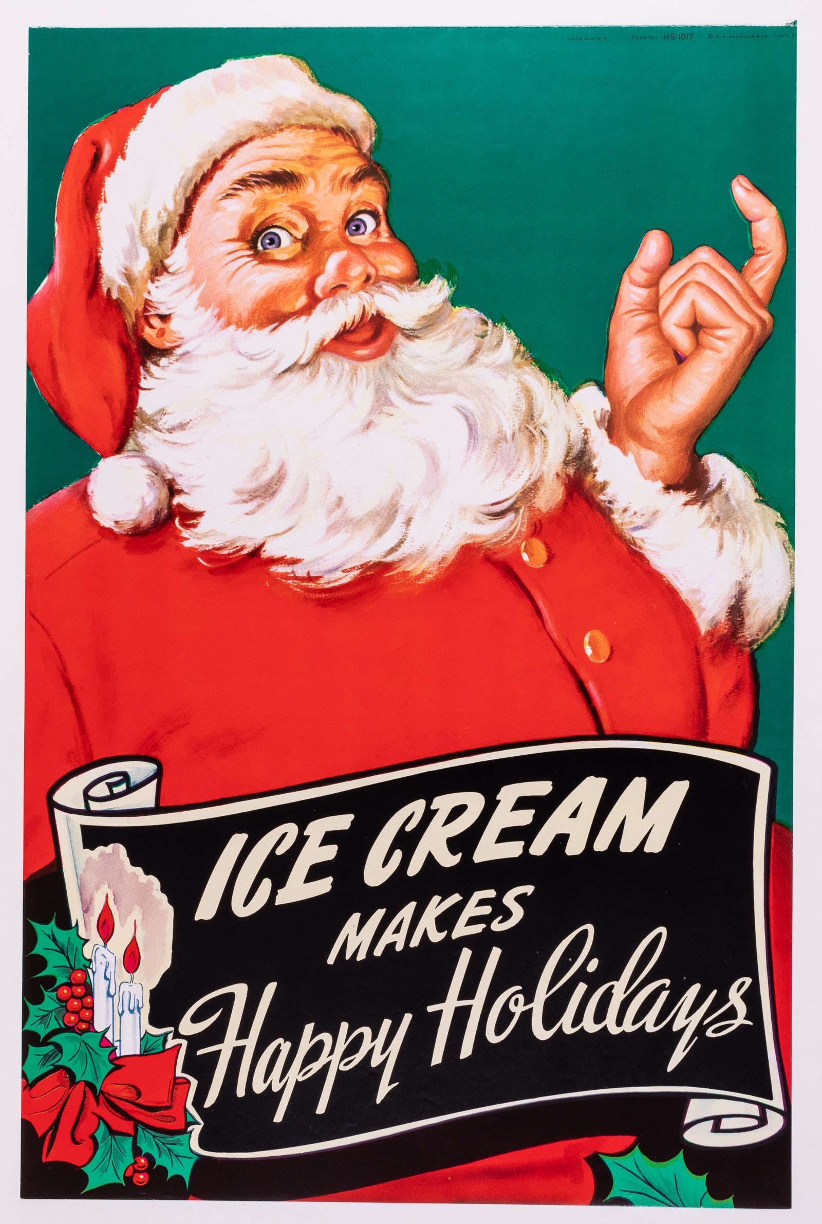 ICE CREAM CHRISTMAS SANTA POSTER: Ice cream Christmas Santa advertisement poster, 'Ice Cream Makes Happy Holidays,' 13 x 20 inches.