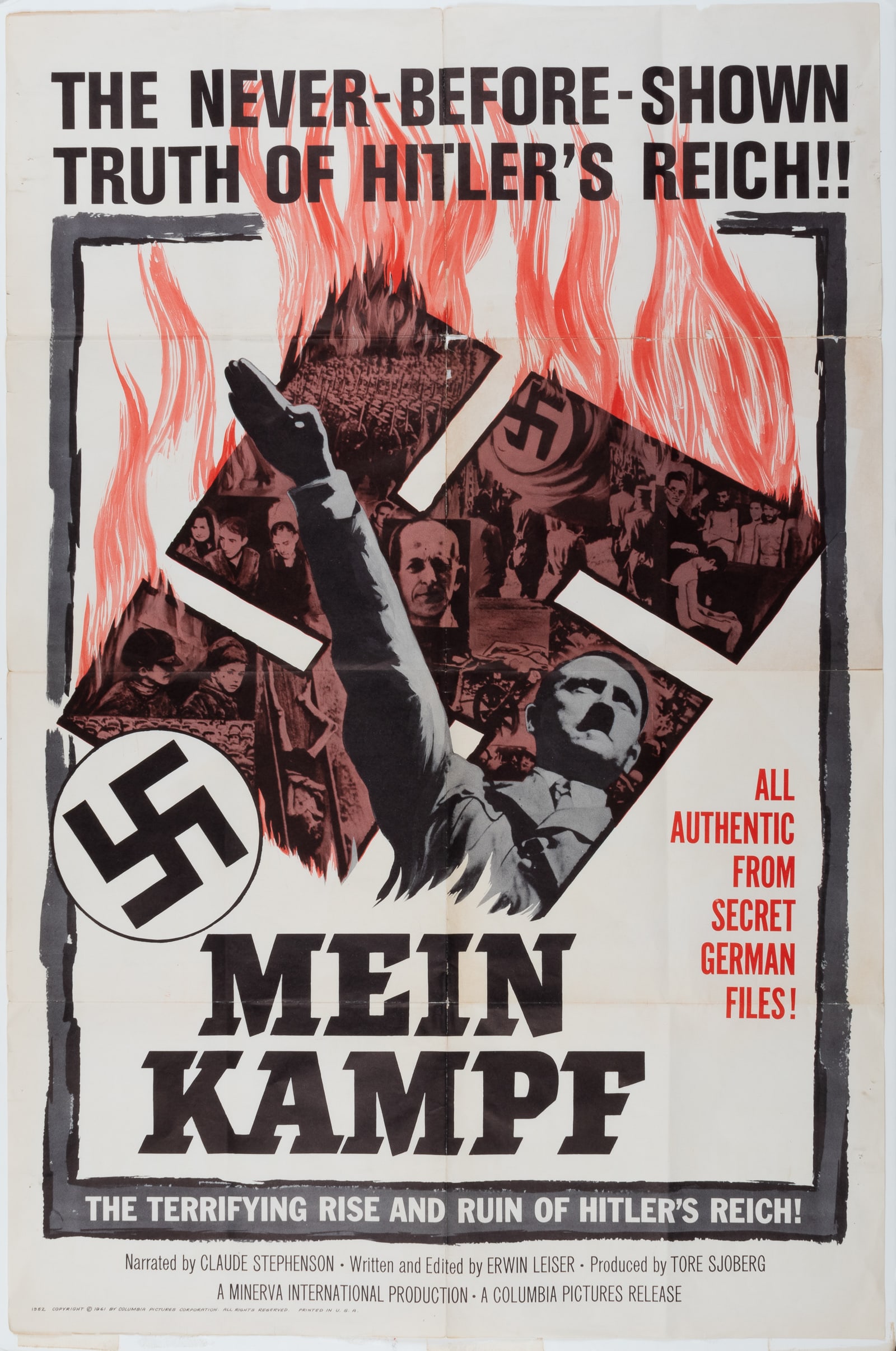 MEIN KAMPF HITLER DOCUMENTARY POSTER: Mein Kampf Adolf Hitler documentary poster, 'The Never-Before Shown Truth of Hitler's Reich!' copyright 1961 by Colombia Pictures Corporation, 27 x 41 inches, mailing folds, some splitting along maili