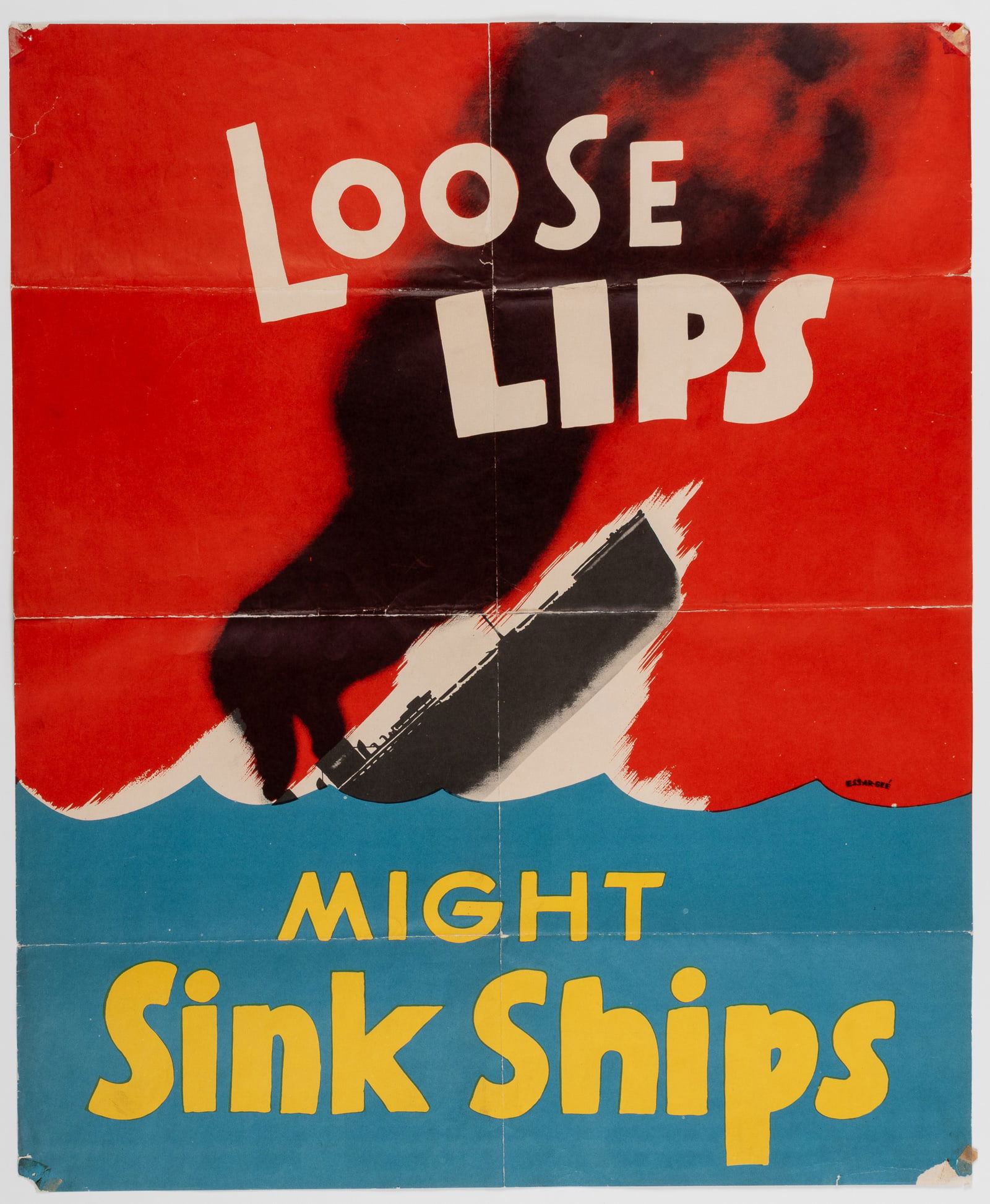 LOOSE LIPS MIGHT SINK SHIPS WWII PROPAGANDA POSTER ESS-AR-GEE: Original World War II propaganda poster 'Loose lips might sink ships' created by artist Seymour R. Goff (1904-1992), also known as Ess.ar.gee. Published by Seagram Distillers Corporation in 1944. Mail