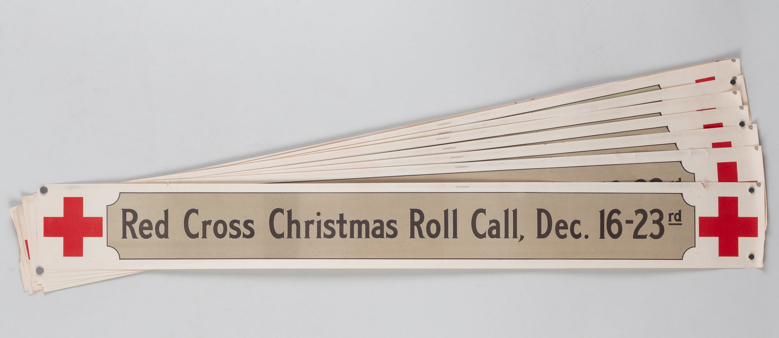 TEN WWI RED CROSS CHRISTMAS ROLL CALL LONG POSTER BANNERS: Lot of ten original WWI American 'Red Cross Roll Call, Dec. 16-23rd' long poster banners, no printing information, 5 x 42 inches each.