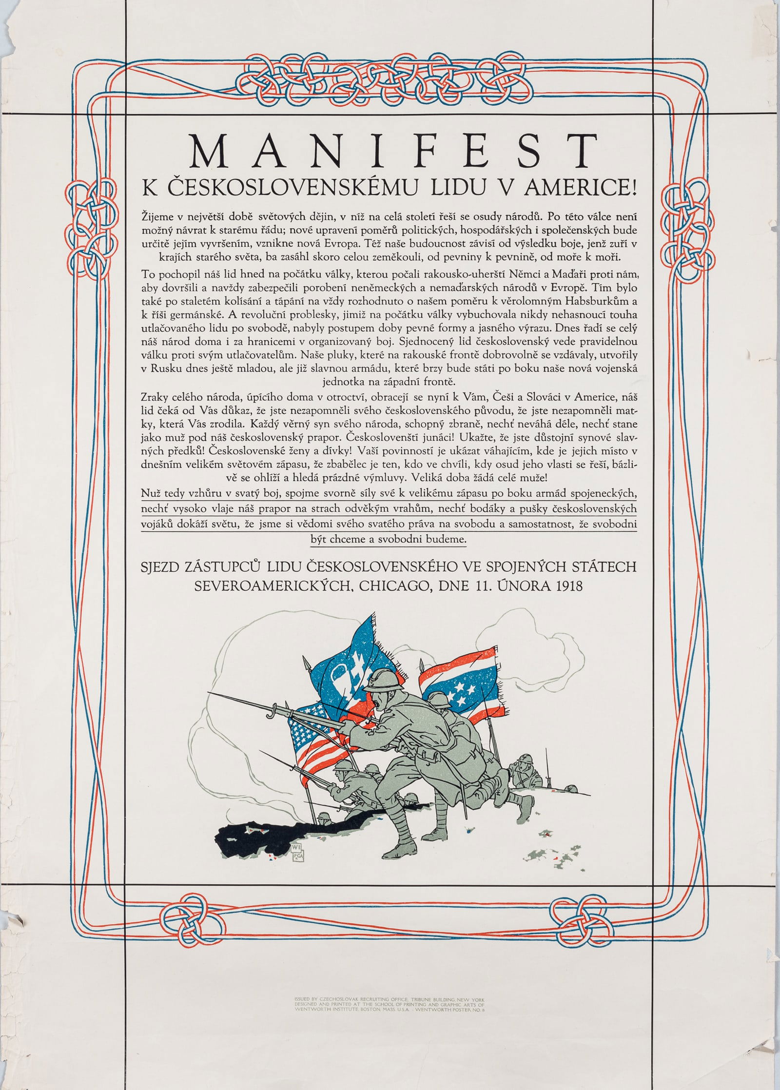 2 WWI RECRUITMENT POSTERS BY VOJTECH PREISSIG: Two WWI American recruitment posters, including 'Manifest to the Czechoslovak People in America.' Artwork by Vojtech Preissig (1873-1944). Original WWI recruitment poster encouraging volunteers to joi