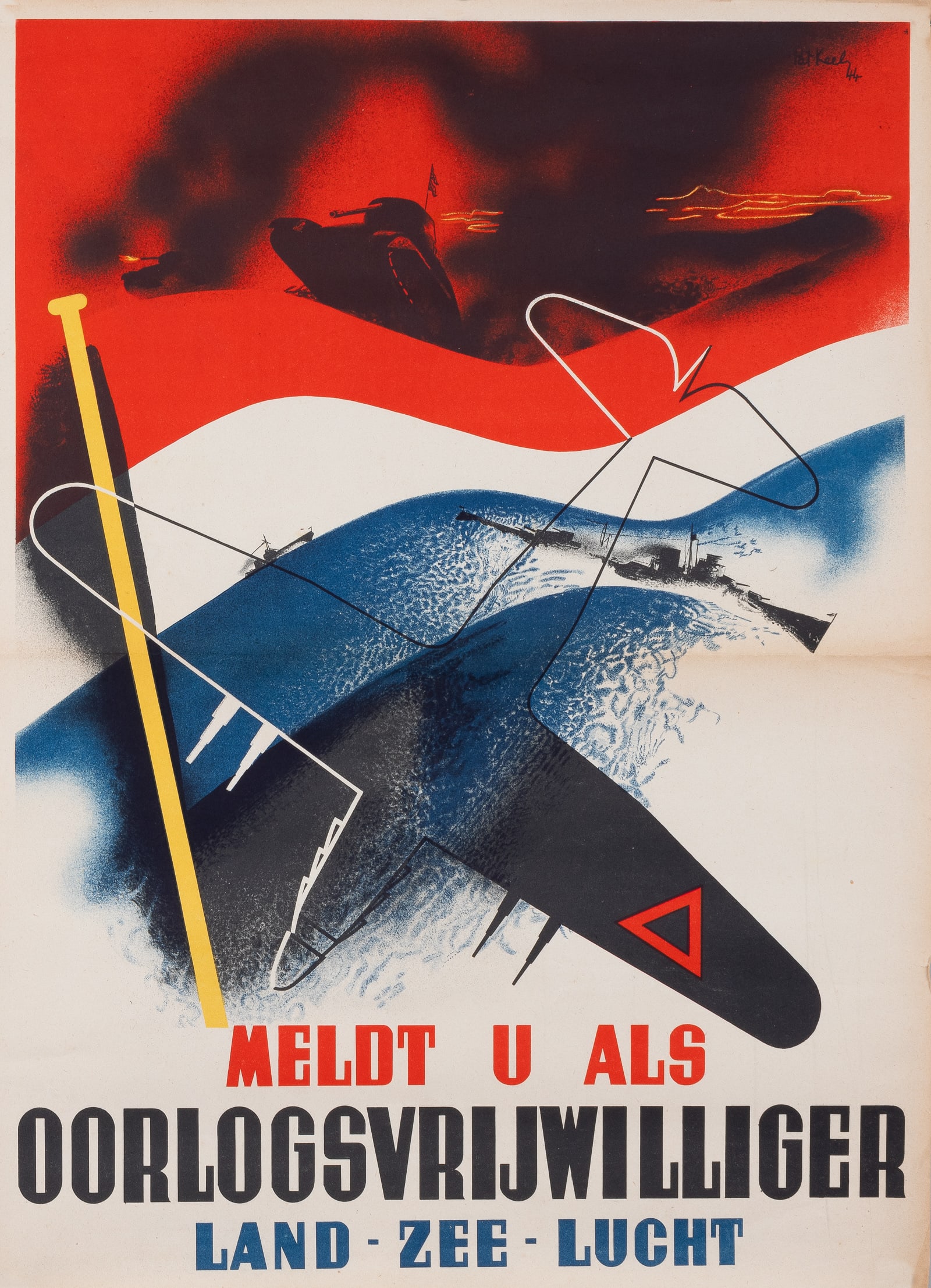 WWII VOLUNTEER LAND SEA AIR POSTER BY PATRICK KEELY: WWII volunteer poster titled in Dutch: 'Meld U Als Oorlogsvrijwilliger Land - Zee - Lucht' (Register as a War Volunteer Land - Sea - Air). The artwork, created by Patrick Keely (1901 - 1970), is 20 x 