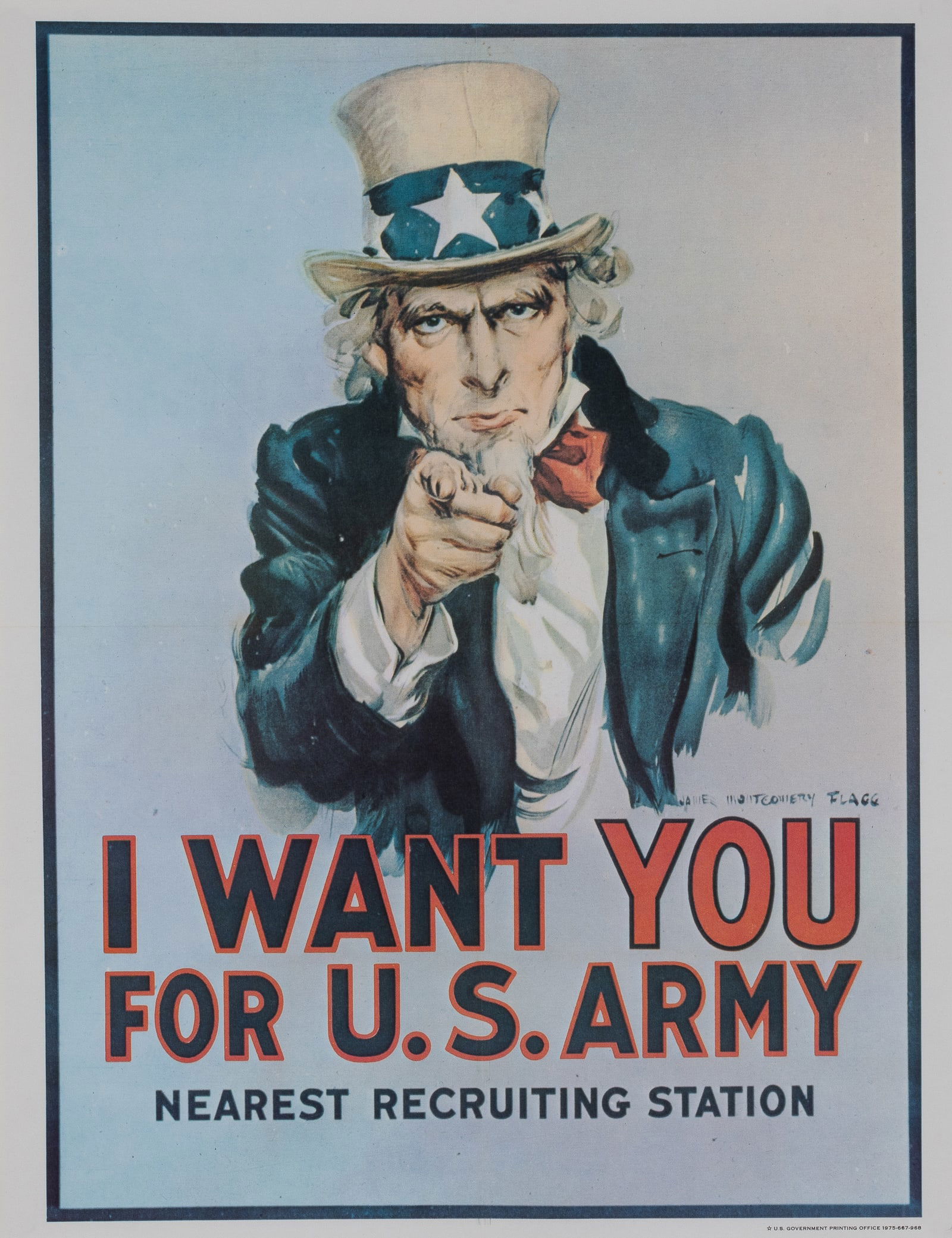 UNCLE SAM I WANT YOU VIETNAM ERA BY JAMES MONTGOMERY FLAGG: Original Vietnam-era James Montgomery Flagg's Uncle Sam recruitment poster 'I Want You for U.S. Army - Nearest Recruiting Station,' U.S. Government Printing Office 1975-667-968, 14 x 11 inches. Folds