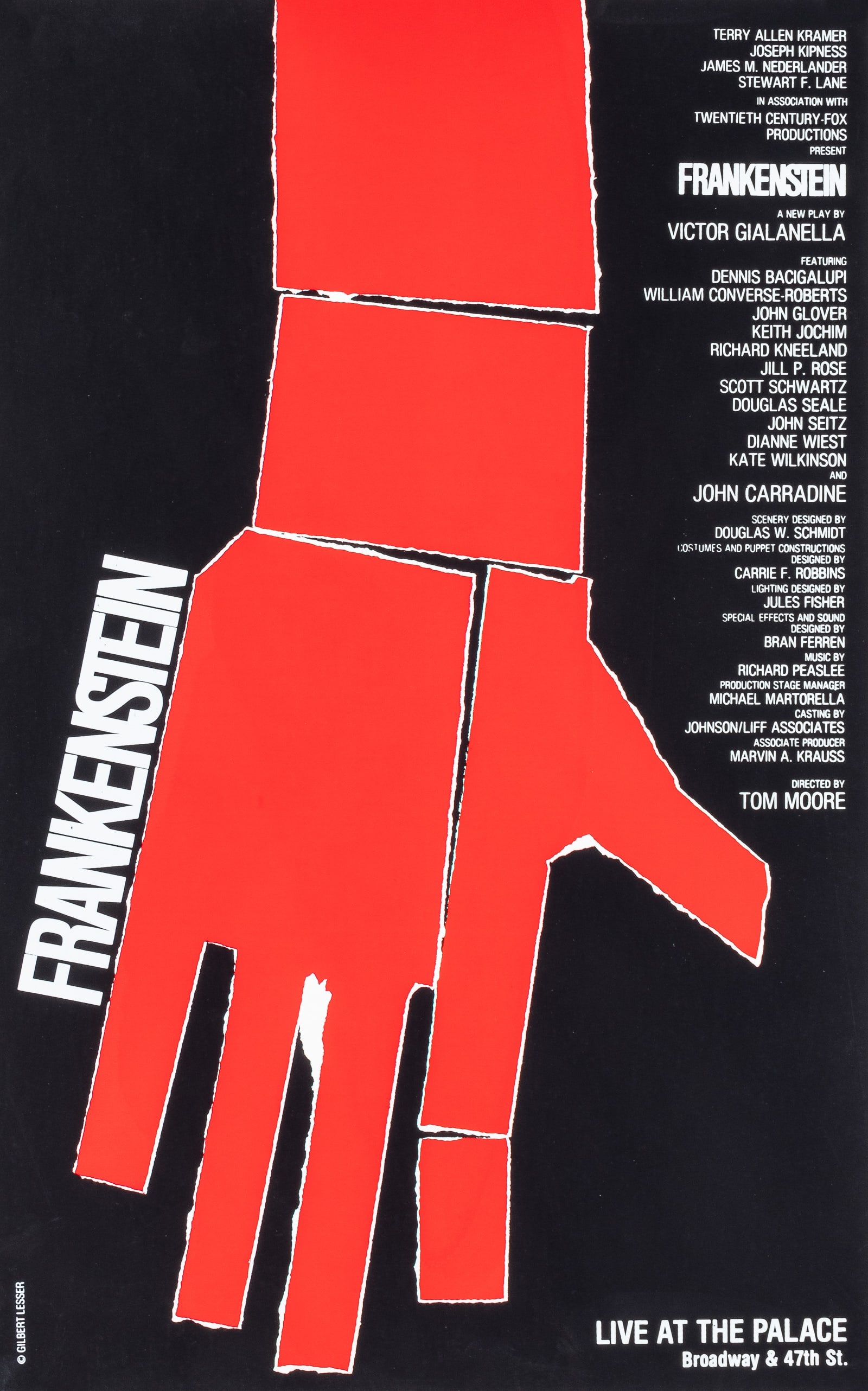 FRANKENSTEIN THEATRICAL PLAY WINDOW CARD: Frankenstein window card. Theatrical play from 1980, designed by Gilbert Lesser. Light bump top right corner., 14 x 22 inches.