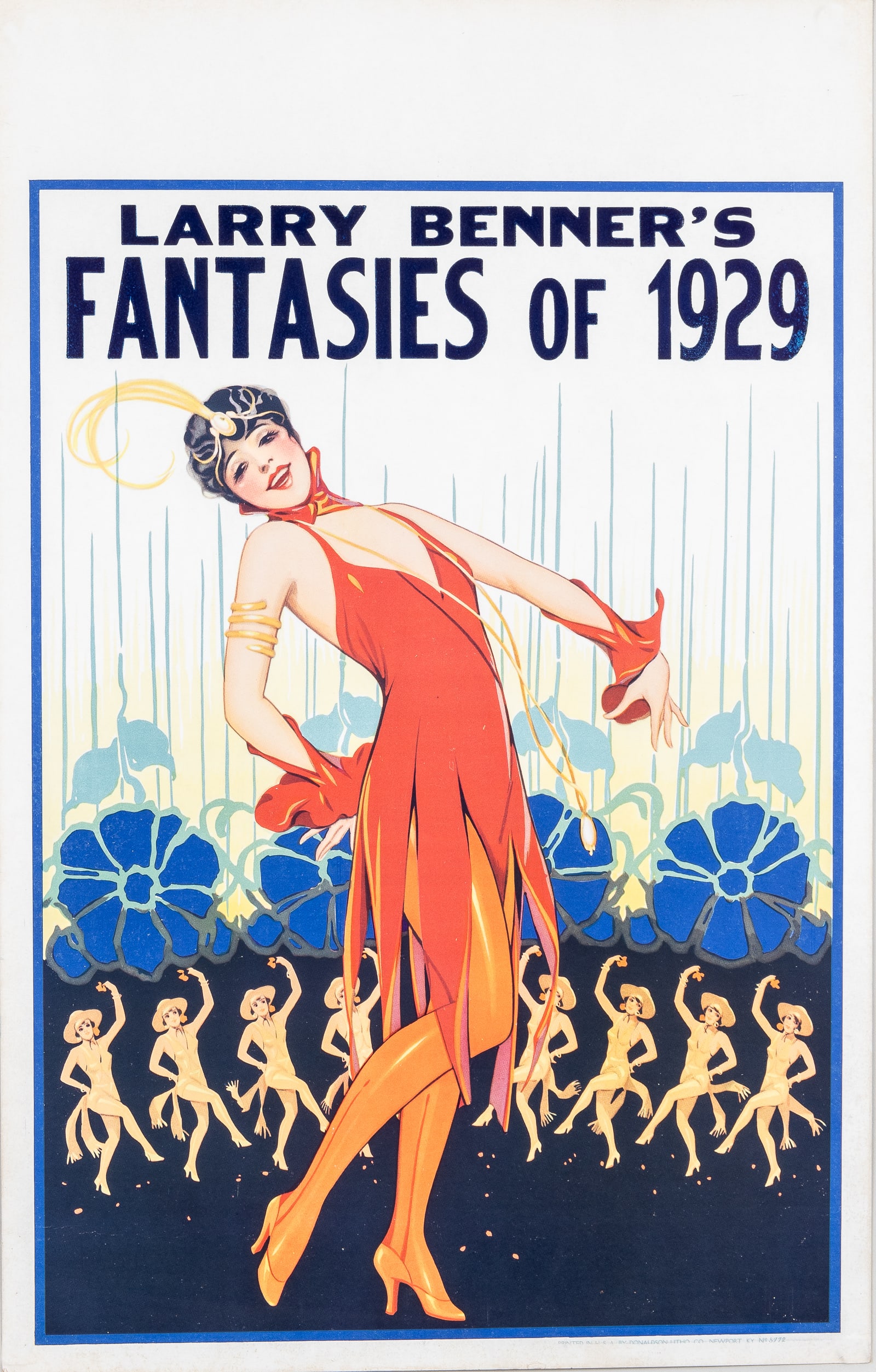 2X LARRY BENNER'S FANTASIES OF 1929 WINDOW CARDS: Two window cards from Larry Benner's Fantasies of 1929, one of the cards is black and white with the text 'Girls! Girls! Something entirely different, a suicide for the blues.' The second card showcas