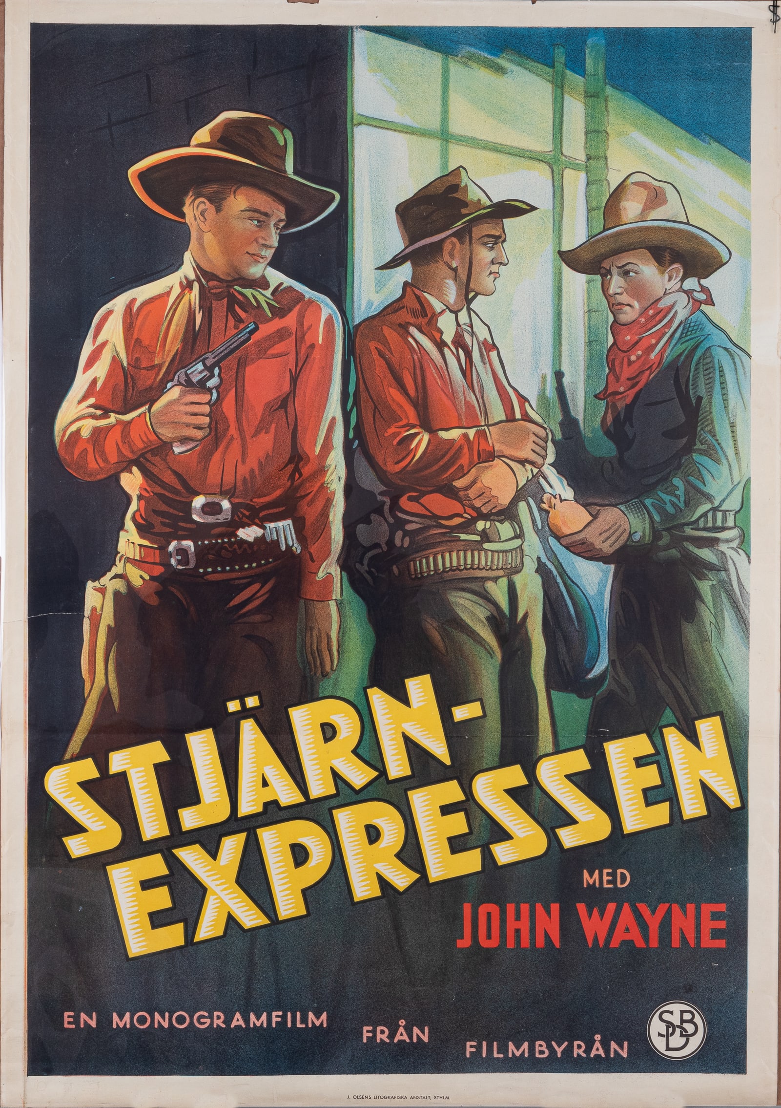 JOHN WAYNE 1934 SWEDISH MOVIE POSTER THE STAR PACKER: Original Swedish movie poster for the 1934 movie 'The Star Packer' starring John Wayne. Three folds. 3.75-inch tear at the left margin. 27.5 x 39 inches.
