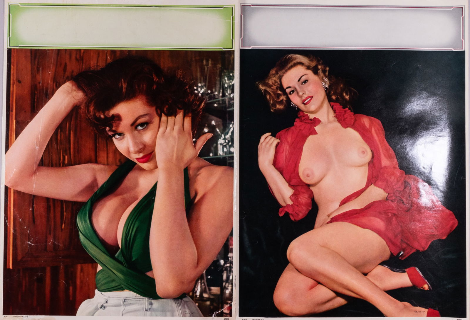 10X 1960S PIN-UP GIRL CALENDAR SAMPLE PAGES: Lot of ten pin-up girl calendar sample pages, from Copr. A. Fox, 1960, with the Amalgamated Union Label Philadelphia printing bug in the bottom right corner, 12 x 16.75 inches, some tears and minor lo