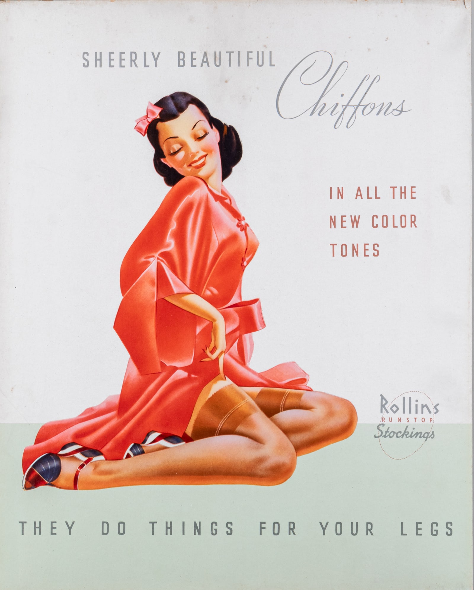 1940S PINUP GIRL ROLLING STOCKINGS HOSIERY SIGN: This vintage cardboard easel back table advertisement sign from the 1940s features a captivating pinup girl promoting Rollins Runstop Stockings. The poster depicts a beautiful girl in a silk robe and 