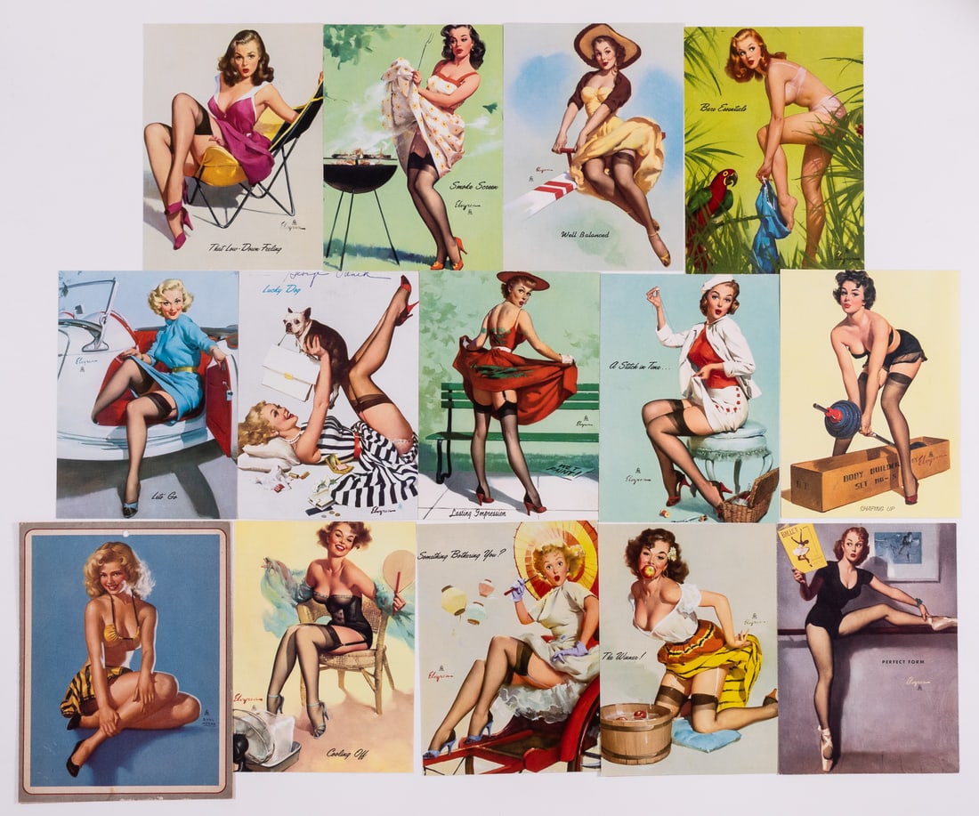 1950S PIN-UP GIRL ADVERTISEMENT CARDS (14): Lot of fourteen pin-up girl advertisement cards, each with a risque color illustration, thirteen for Samuel K. MacDonald Inc., 4 x 5.5 inches, and one with appliance advertising on the reverse, 4.75 x