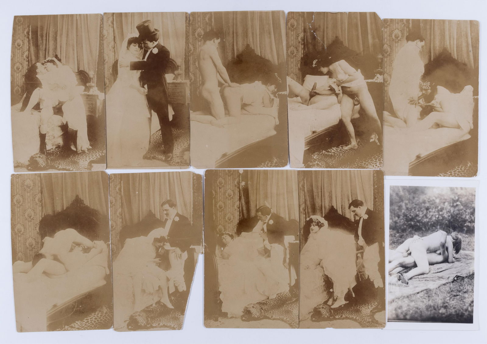 9 EARLY 20TH CENTURY ADULT PHOTOS: Lot of nine original early 20th-century adult photos showing a man and woman having sex in their marriage attire also include a b/w adult photo postcard. One photo with a 3-inch section of loss to the