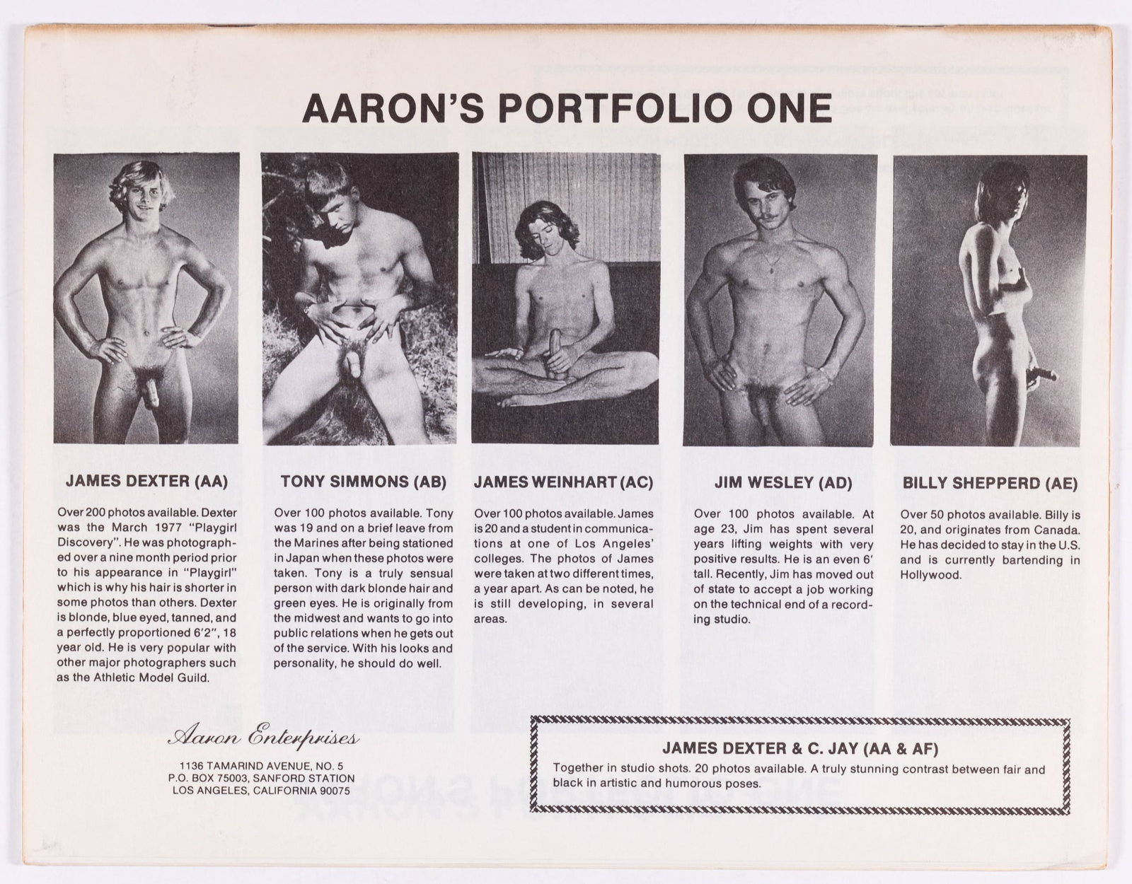 AARON'S PORTFOLIO ONE TO ELEVEN GAY NUDE PHOTOGRAPHY: Vintage Aaron's Portfolio One to Eleven. A mail-order catalog advertising gay male nude photographs. Each page is chock-full of full-frontal nudes. Aaron's Enterprises, Los Angeles, CA. Staple-bound, 