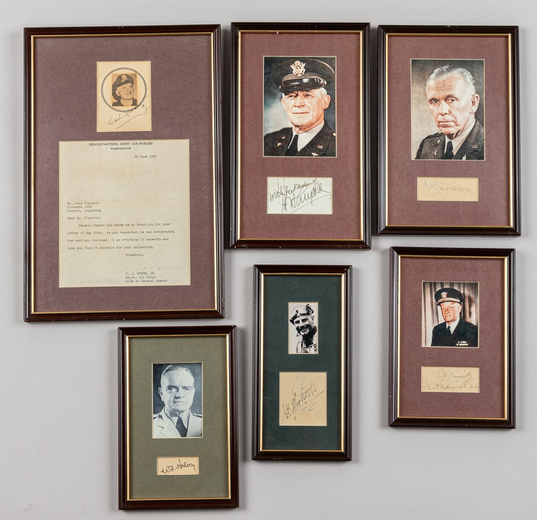 6 WWII AMERICAN ARMED FORCES AUTOGRAPHS: Lot of six autographs from American Armed Forces members, including Chester W. Nimitz (1885-1966) commander of the US Pacific Fleet during WWII, Carl Spaatz (1891-1974) leading US combat air commander