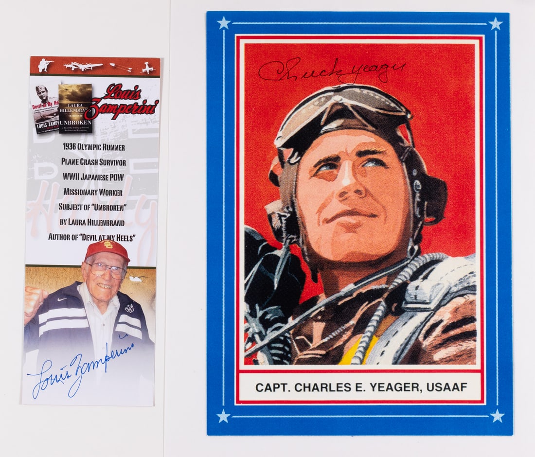 2 WWII AMERICAN AAF AUTOGRAPHS: Lot of two WWII American AAF autographs, including Louis Zamperini (1917-2014), WWII B-24 bombardier, who was taken prisoner of war by the Japanese, signed advertisement card in blue ink, and Chuck Ye