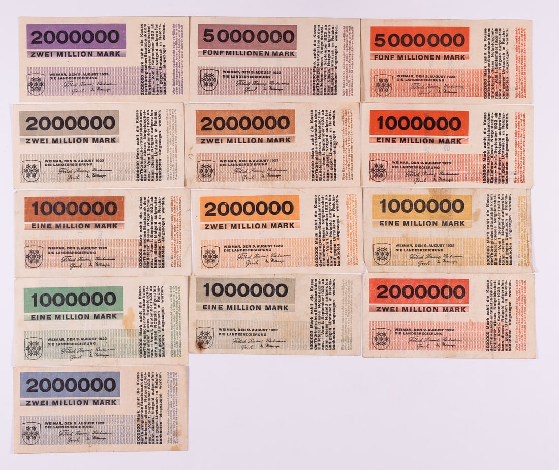 13x HERBERT BAYER WEIMAR NOTGELD: Collection of thirteen German Weimar Republic hyperinflation Notgeld bills designed by Herbert Bayer, including five 1 million bills, six 2 million mark bills, and two 5 million mark bills, issued 9.