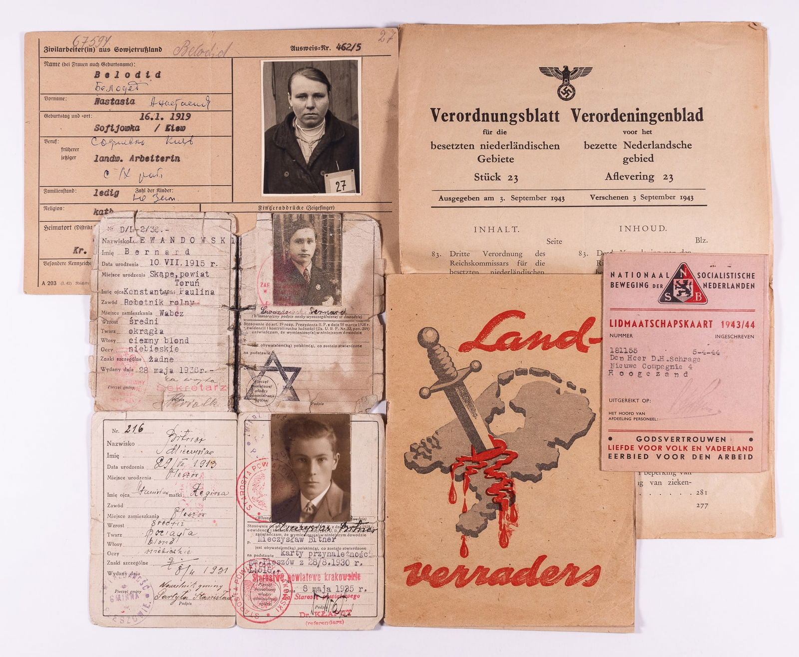 WWII HOLOCAUST IDENTIFICATION + PAPERS: WWII Eastern Ukrainian forced laborer ID, for Natasia Belodid, born 1/16/1919, a Polish ID card for Bernard Lewandowski, a Jewish citizen with a Star of David stamped on the inside, a Polish ID card f