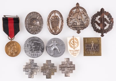 12 WWII GERMAN SA BADGES, MEDALS, TINNIES